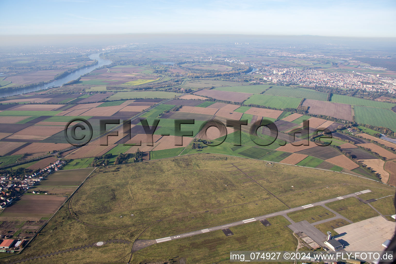 Aerial view of Runway with tarmac terrain of former US-military airfield Coleman in the district Sandhofen in Mannheim in the state Baden-Wurttemberg, Germany