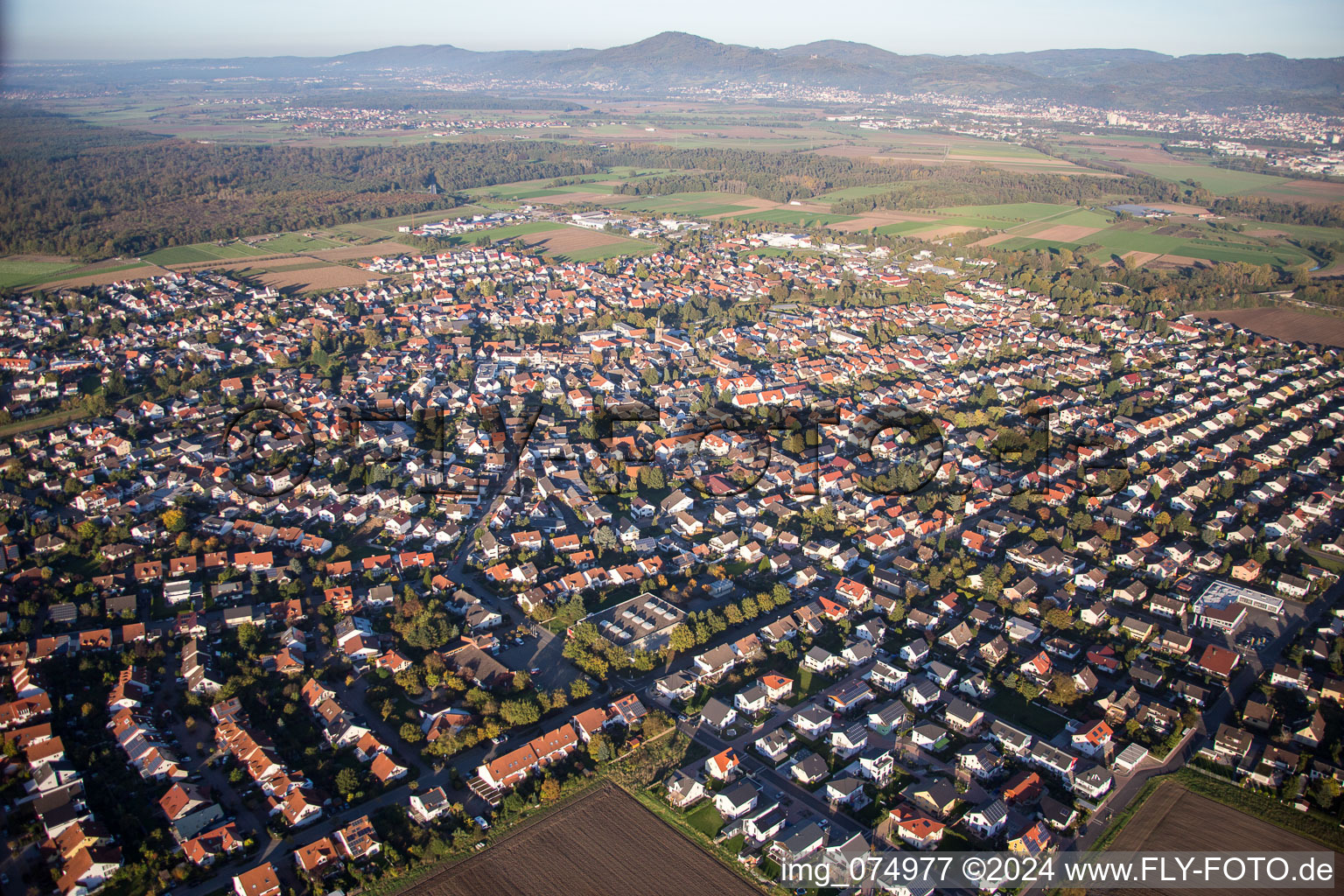 Aerial view of Town View of the streets and houses of the residential areas in Lorsch in the state Hesse, Germany