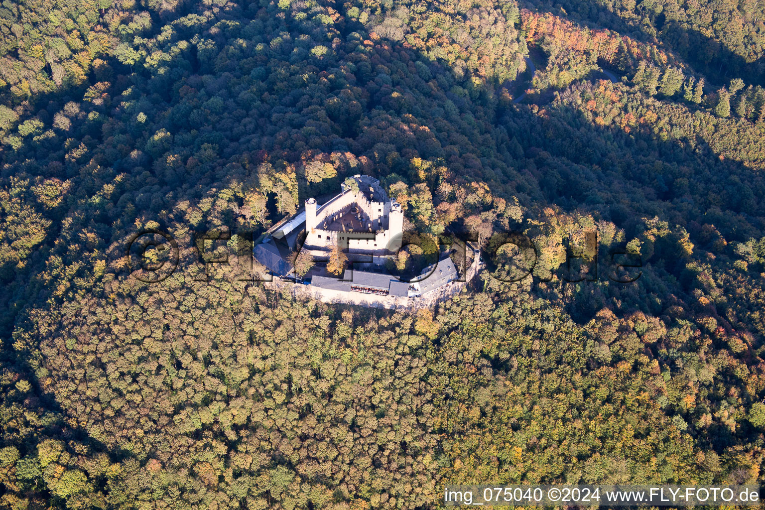 Aerial view of Ruins and vestiges of the former castle and fortress Schloss Auerbach in the district Alsbach in Alsbach-Haehnlein in the state Hesse