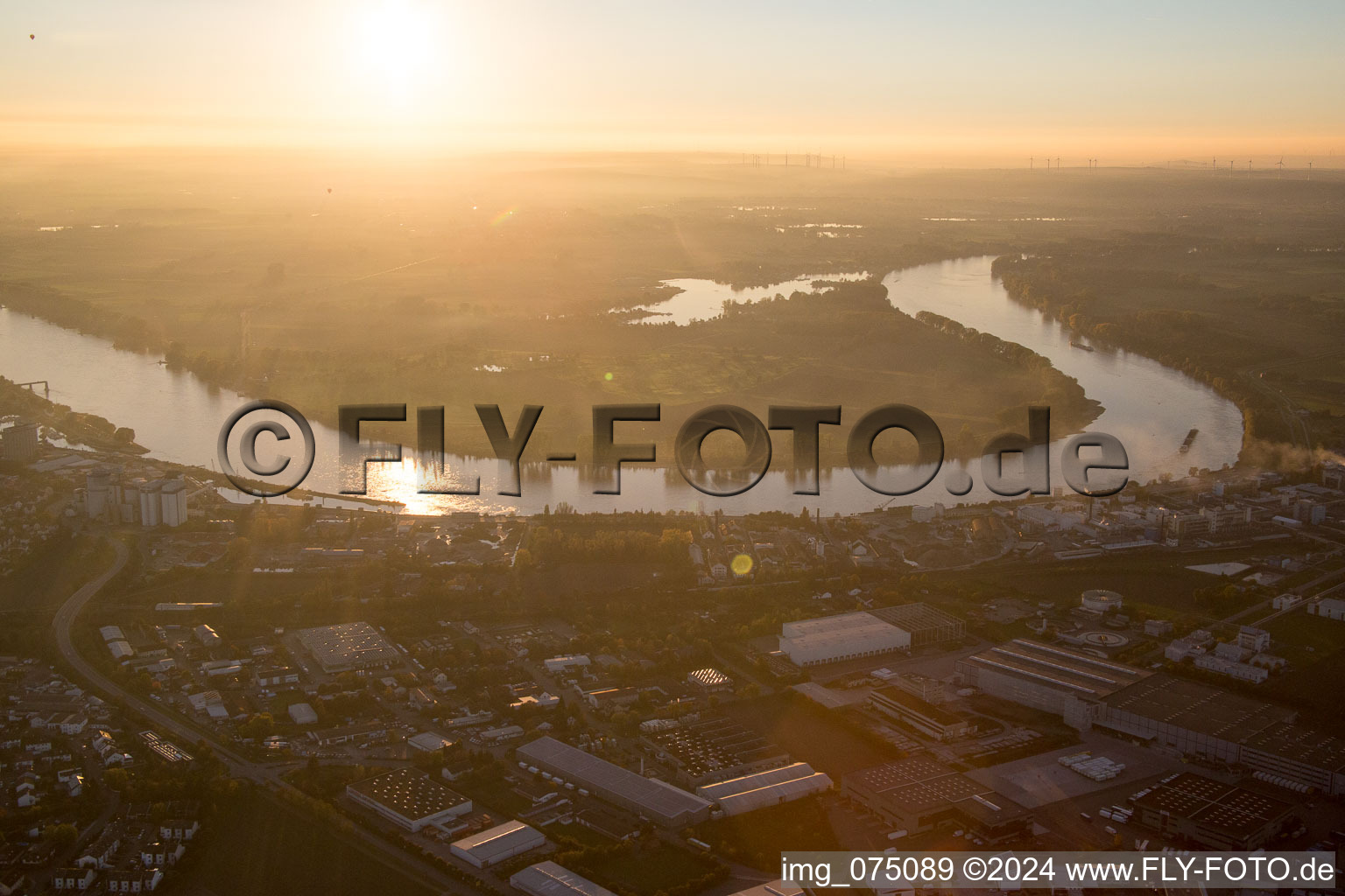 Aerial view of Rhine Loop in Gernsheim in the state Hesse, Germany