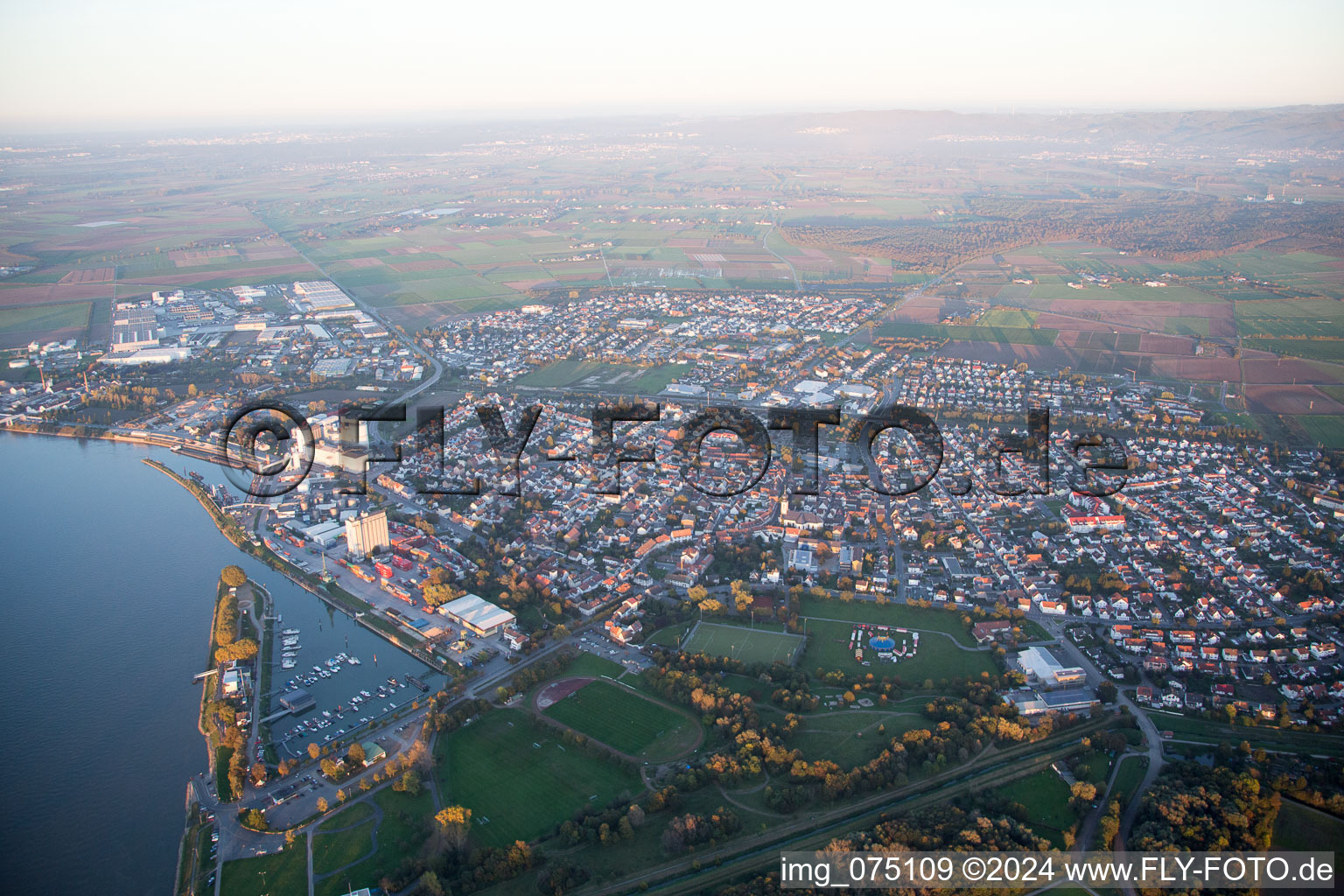 City center in the downtown area on the banks of river course of the Rhine river in Gernsheim in the state Hesse, Germany