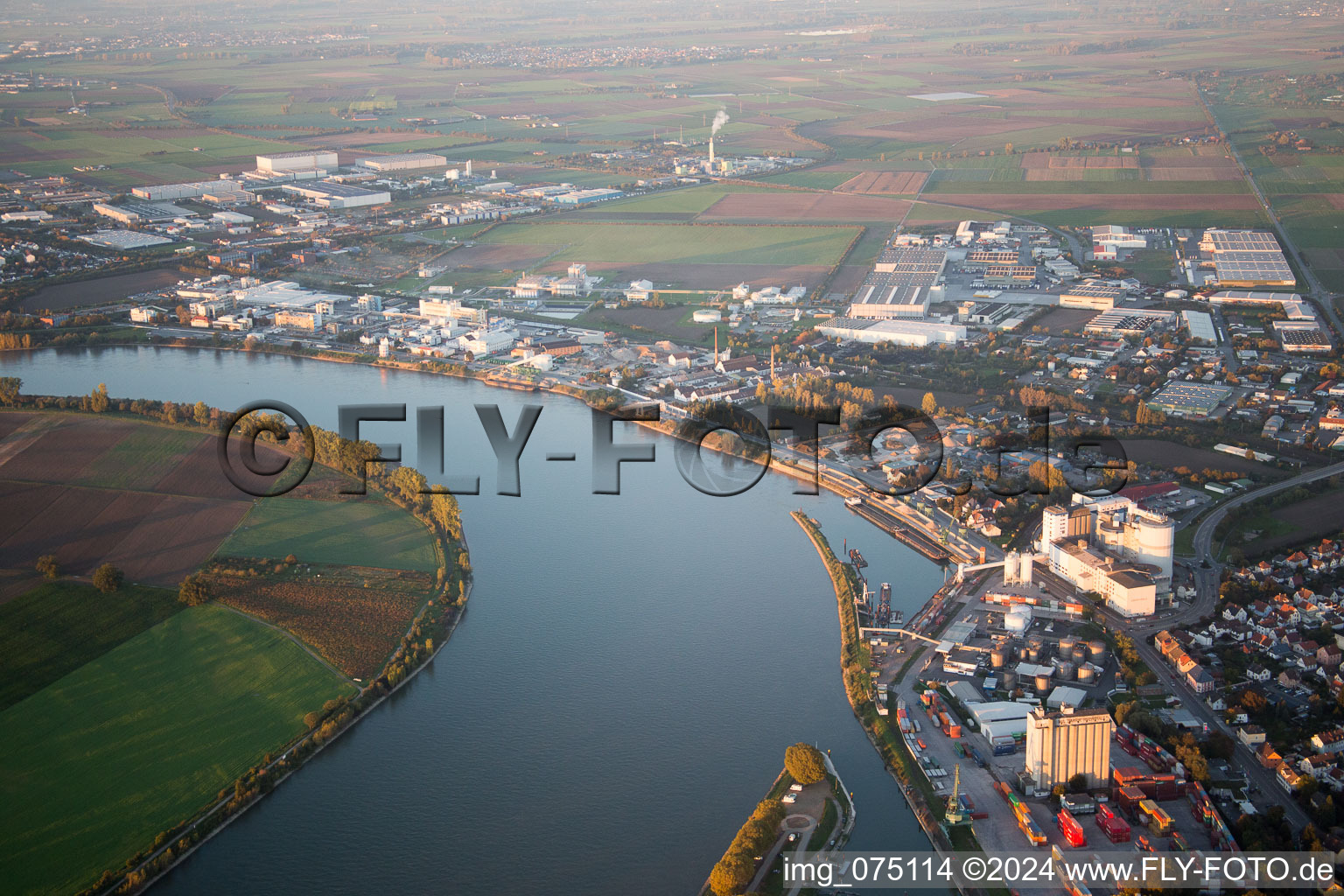 Aerial photograpy of City center in the downtown area on the banks of river course of the Rhine river in Gernsheim in the state Hesse, Germany