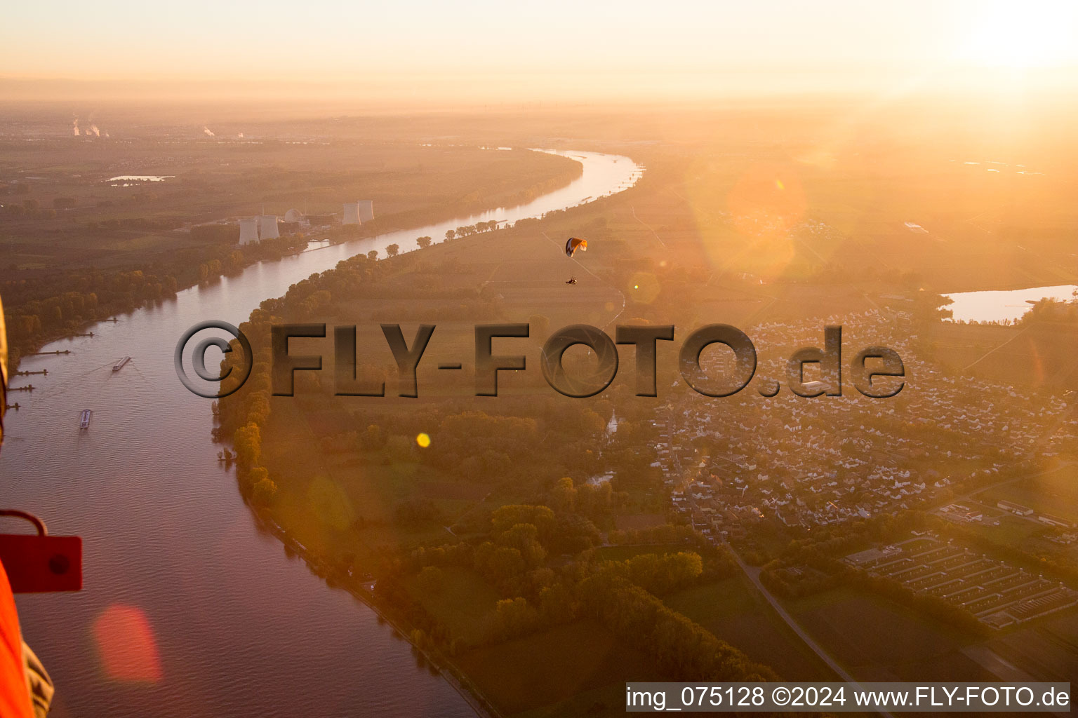 Oblique view of Rhine Loop in Gernsheim in the state Hesse, Germany