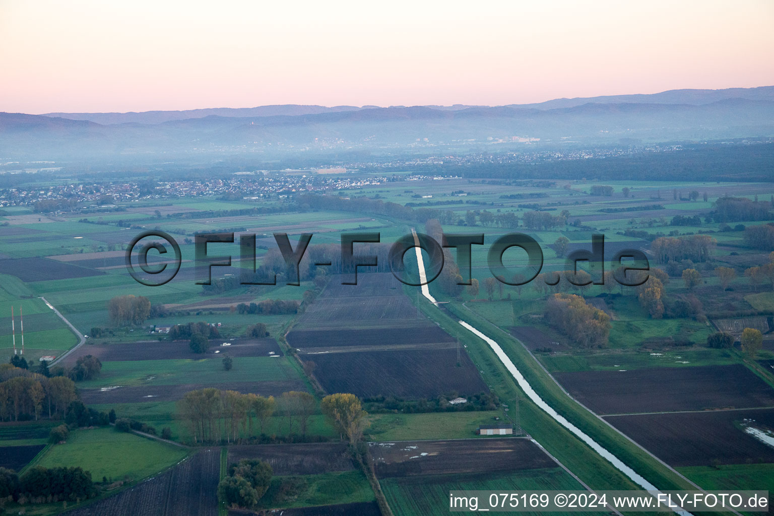 Aerial view of Canalized Weschnitz in Biblis in the state Hesse, Germany