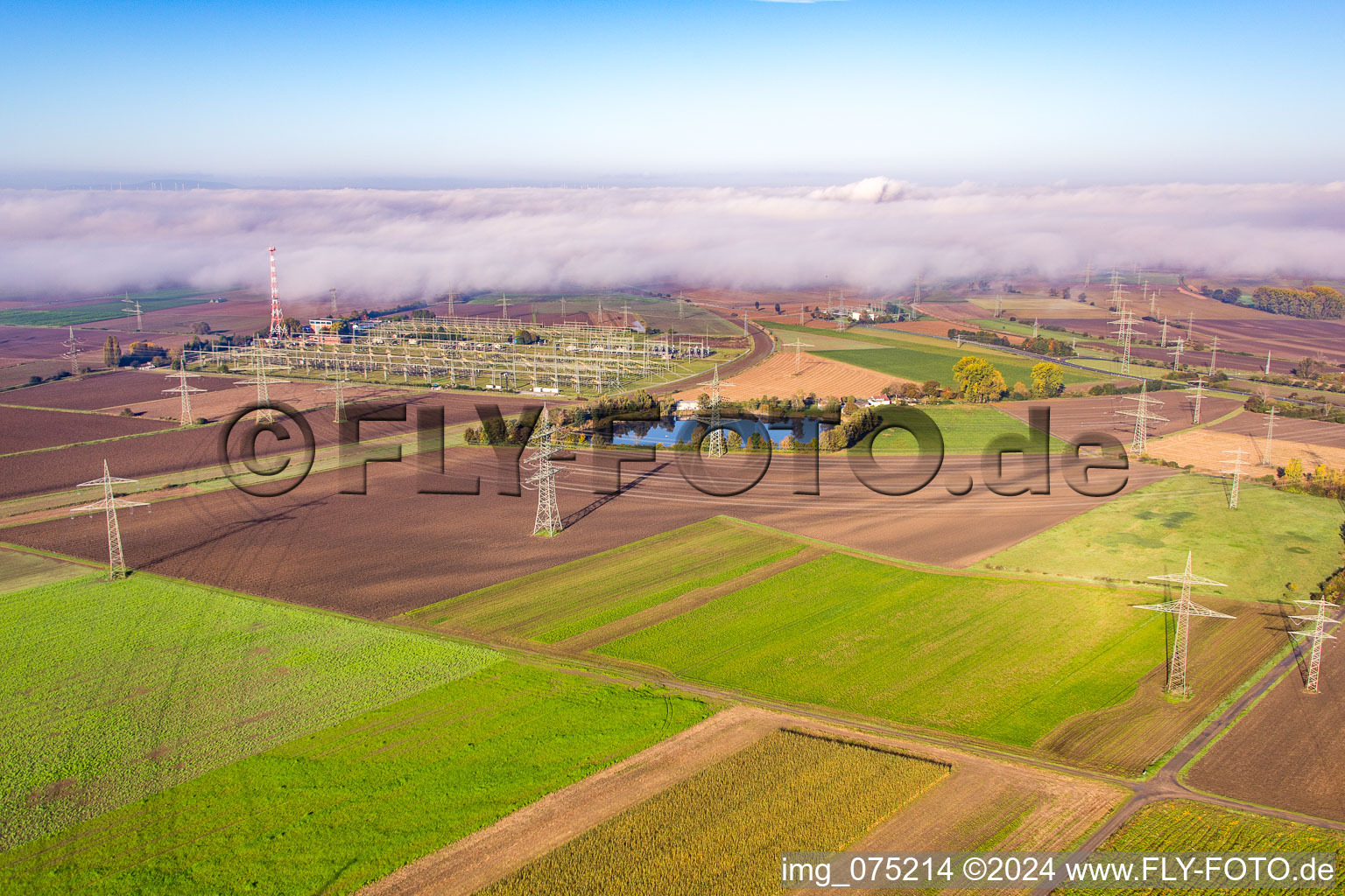 Aerial view of Amprion GmbH - Substation in the district Rosengarten in Lampertheim in the state Hesse, Germany