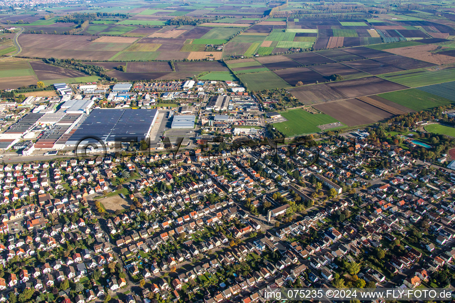 Oblique view of Bürstadt in the state Hesse, Germany