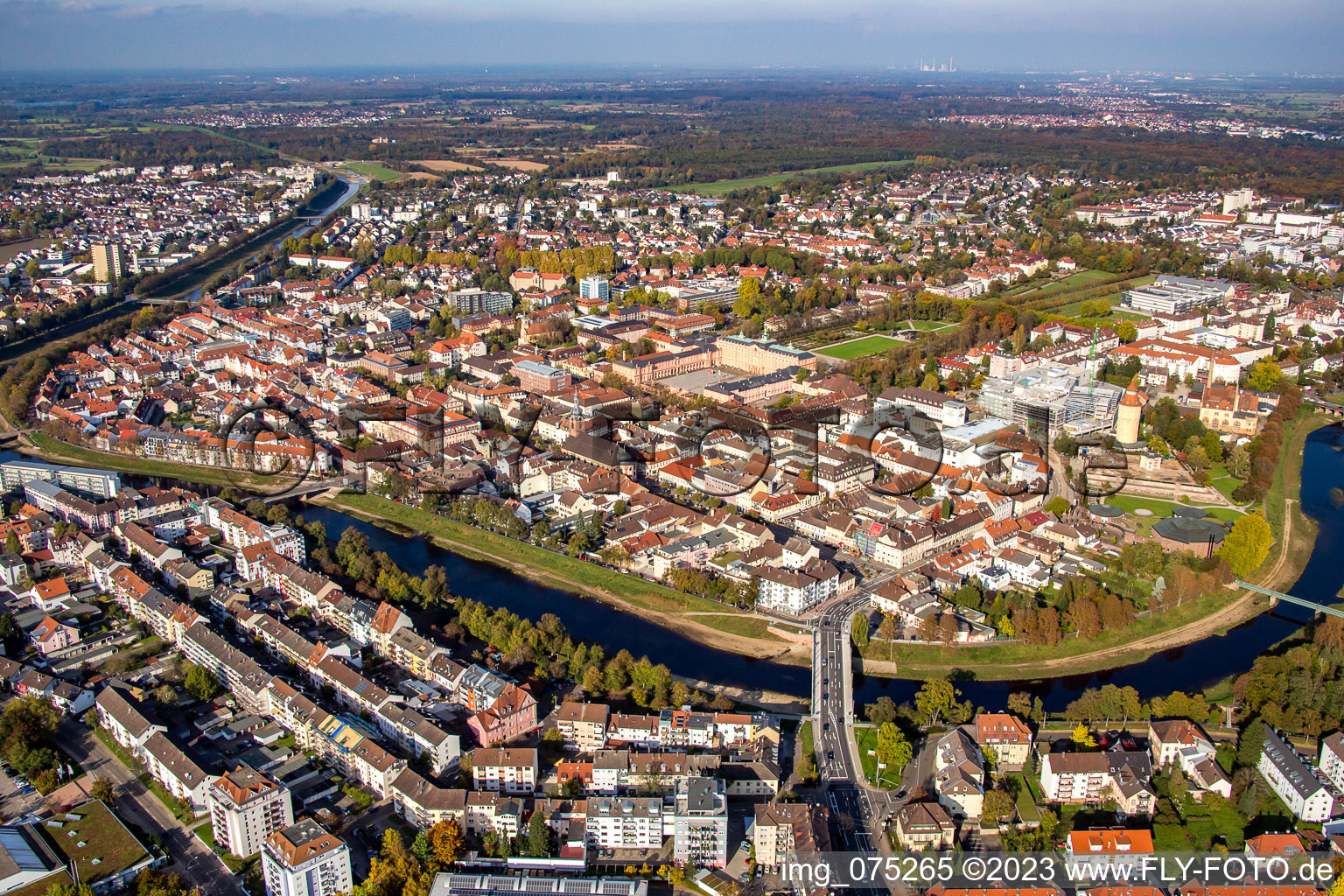 Aerial view of Bridge on the B36 over the Murg Ost in Rastatt in the state Baden-Wuerttemberg, Germany