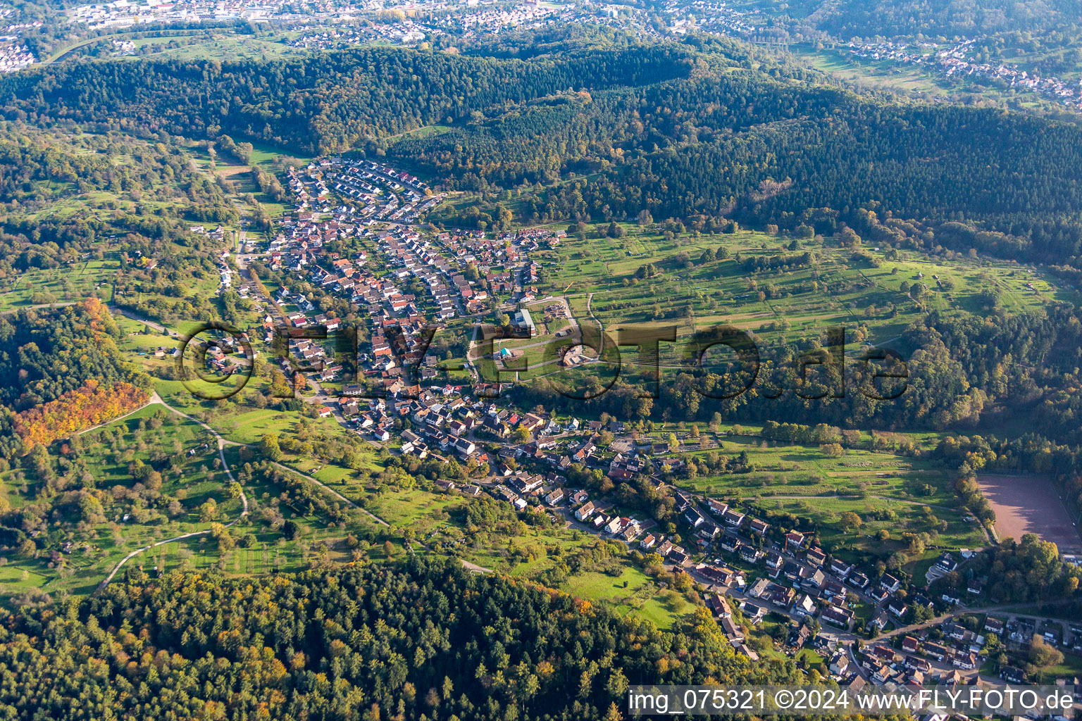 Village - view on the edge of agricultural fields and farmland in Selbach in the state Baden-Wurttemberg, Germany