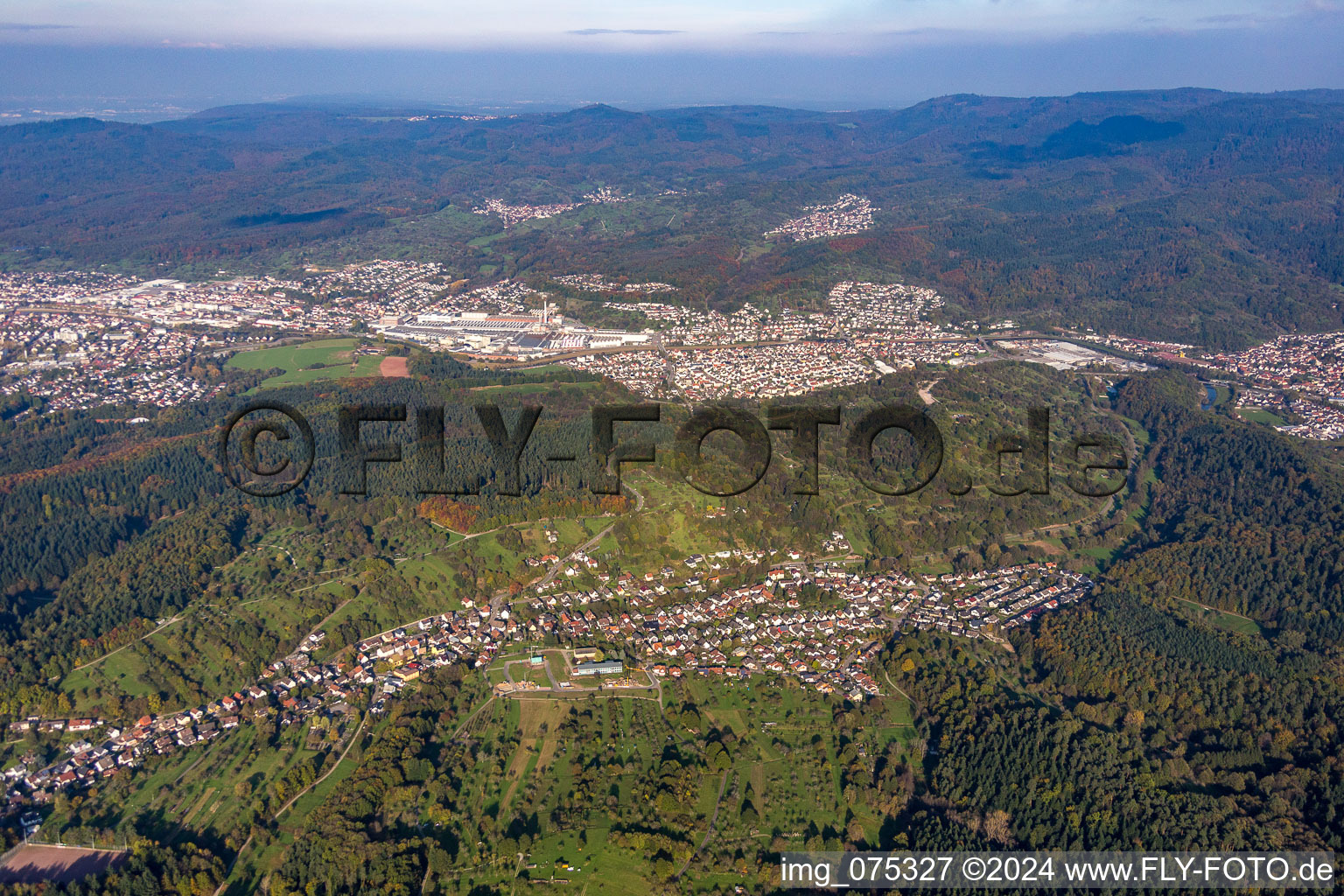 Aerial view of Village - view on the edge of agricultural fields and farmland in Selbach in the state Baden-Wurttemberg, Germany