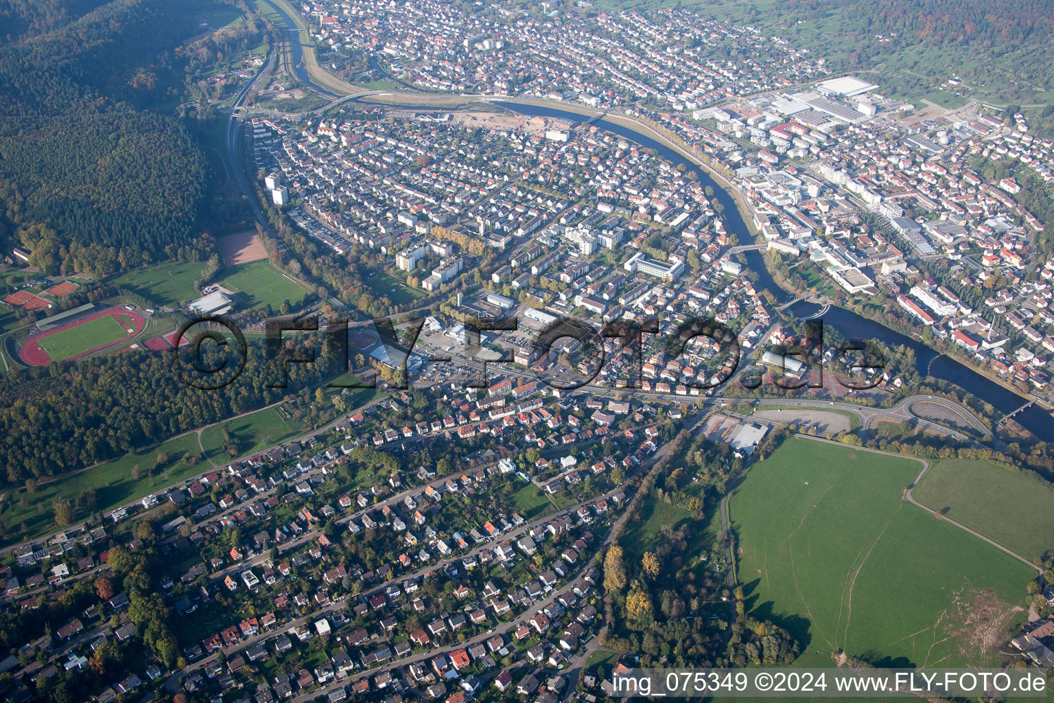 City view on the river bank of Murg in Gaggenau in the state Baden-Wurttemberg, Germany