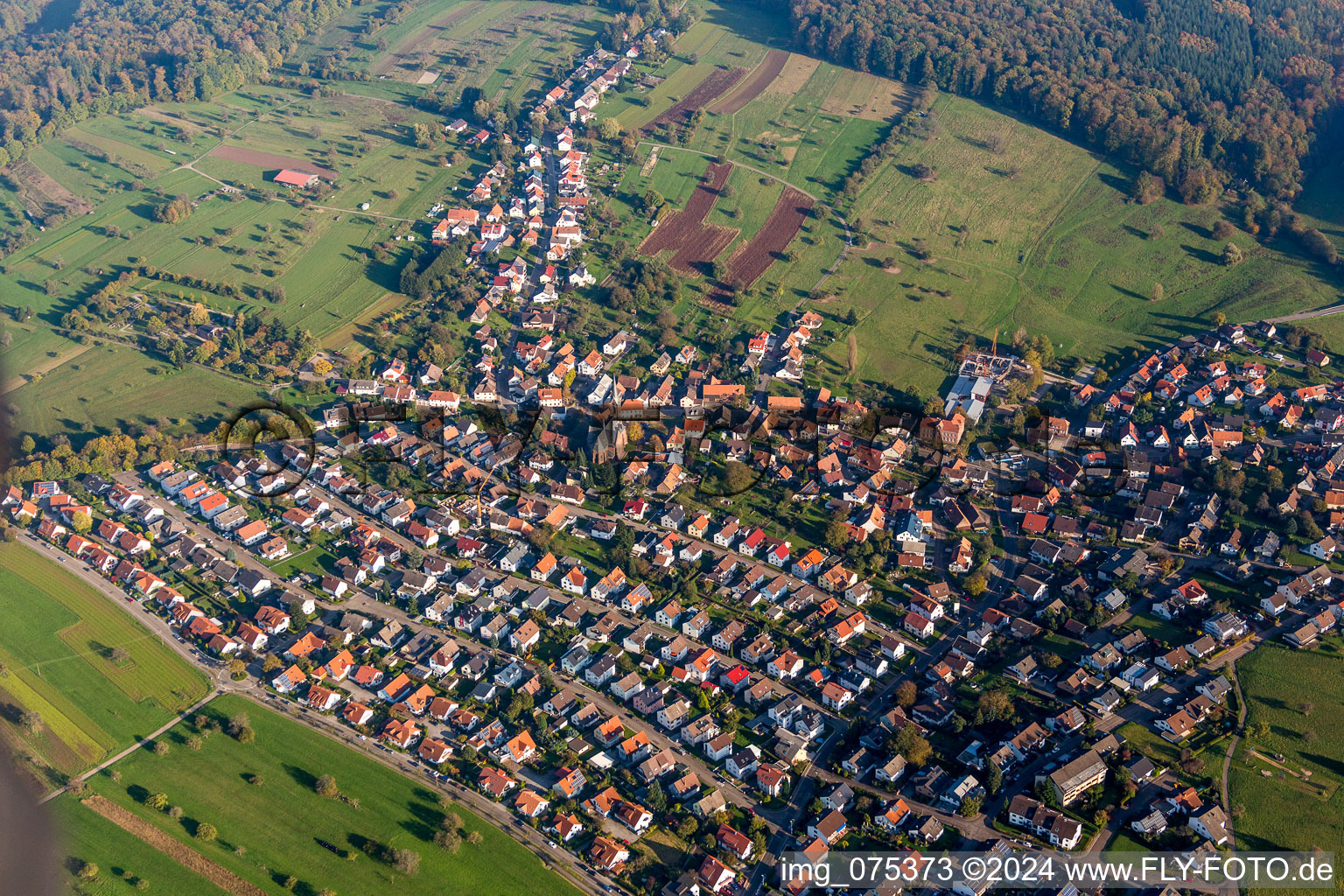 Town View of the streets and houses of the residential areas in Schoellbronn in the state Baden-Wurttemberg, Germany