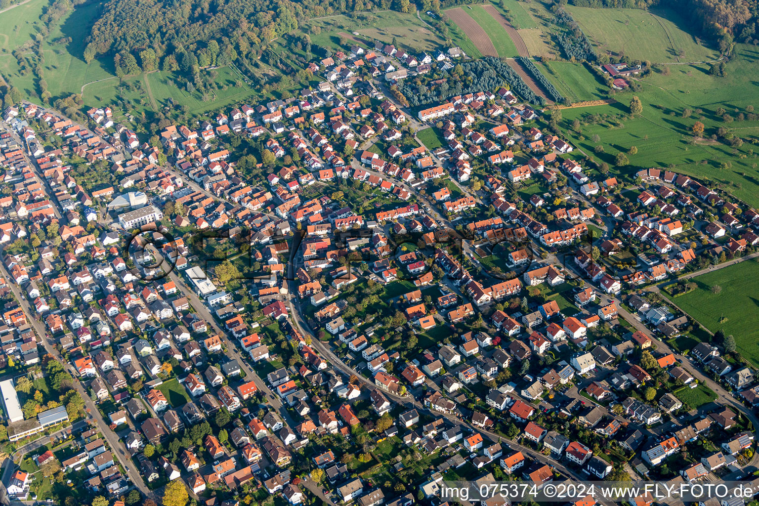 Aerial view of Town View of the streets and houses of the residential areas in Schoellbronn in the state Baden-Wurttemberg, Germany