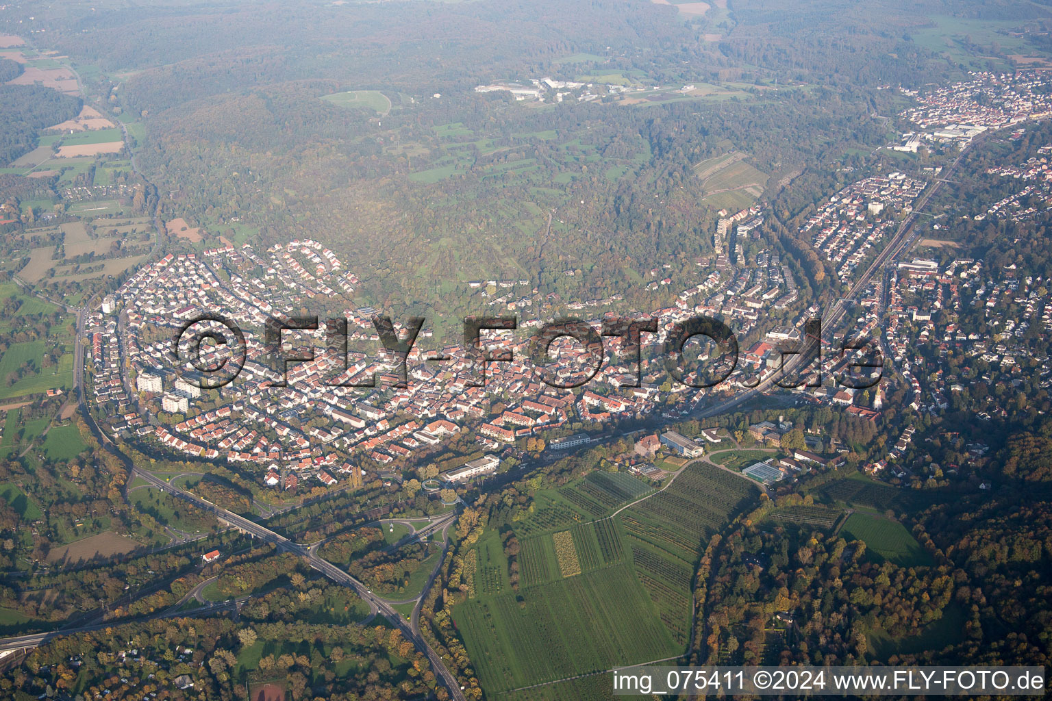 Aerial photograpy of District Grötzingen in Karlsruhe in the state Baden-Wuerttemberg, Germany