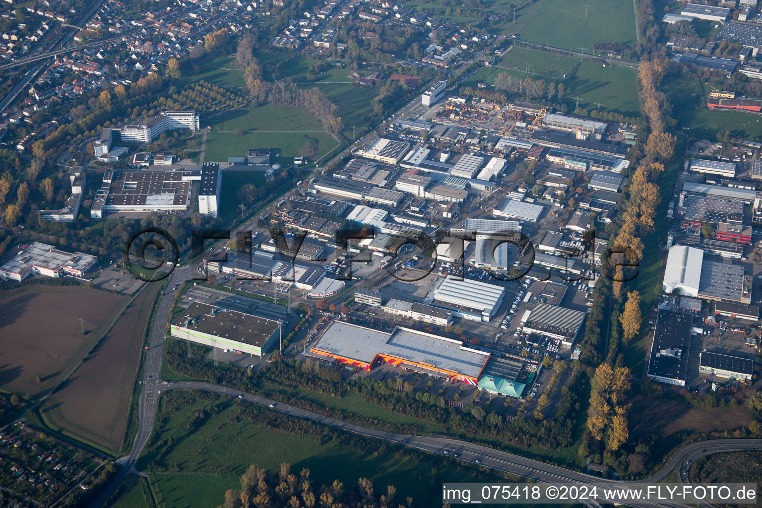 Aerial view of District Hagsfeld in Karlsruhe in the state Baden-Wuerttemberg, Germany