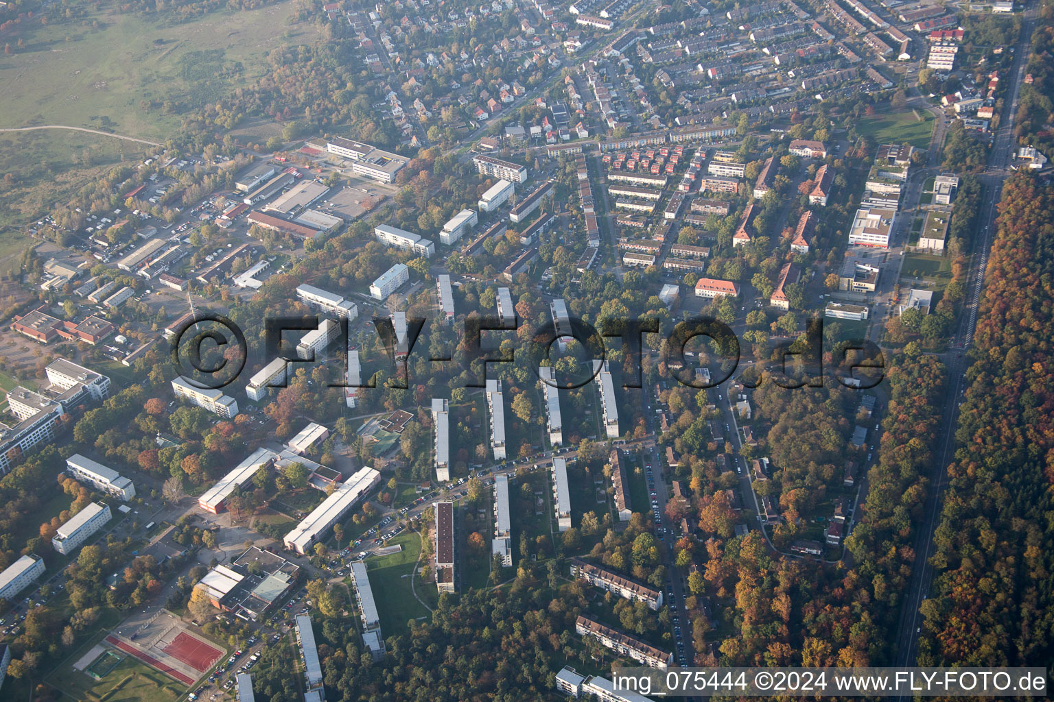 Aerial view of District Nordstadt in Karlsruhe in the state Baden-Wuerttemberg, Germany