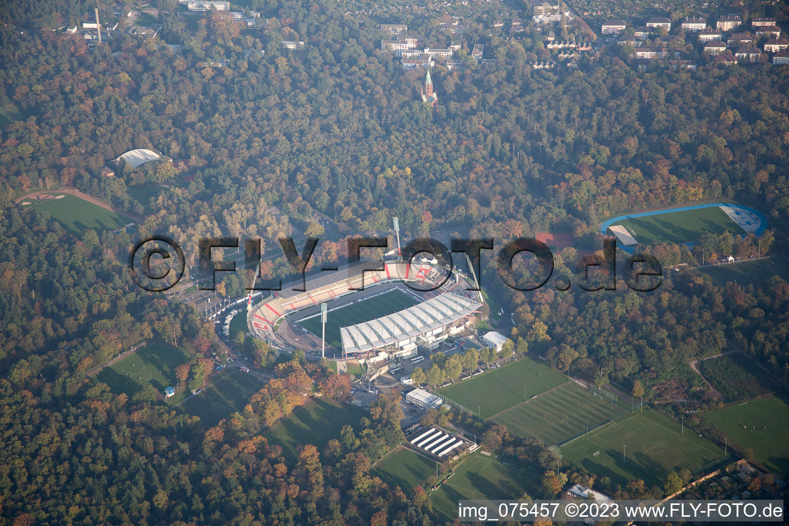 Aerial view of Stadion in the district Innenstadt-Ost in Karlsruhe in the state Baden-Wuerttemberg, Germany