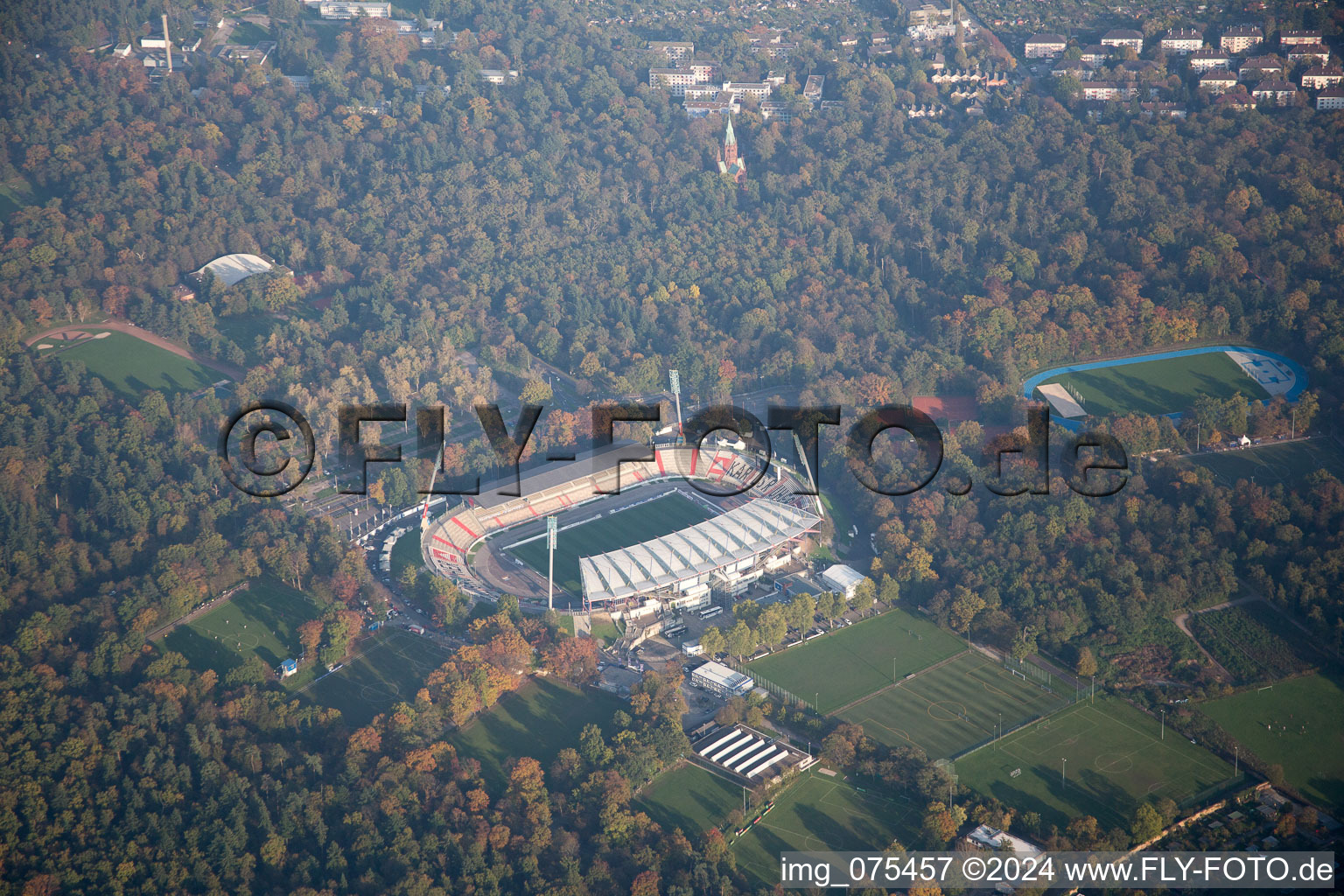 Aerial view of Stadium in the district Innenstadt-Ost in Karlsruhe in the state Baden-Wuerttemberg, Germany