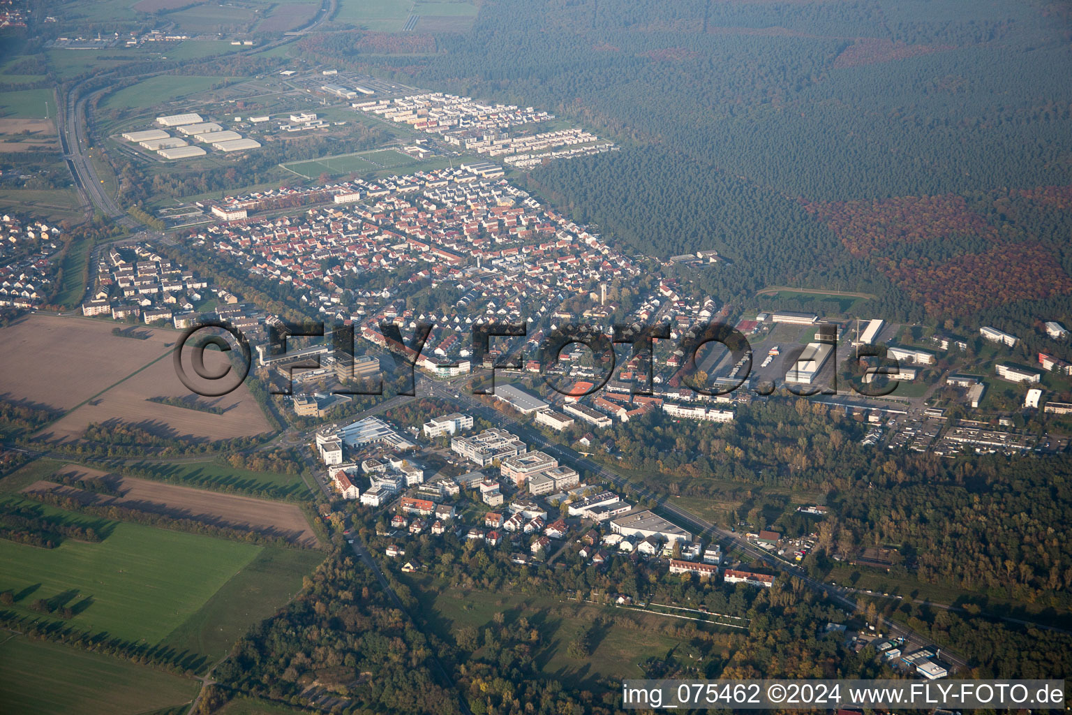 Aerial view of District Neureut in Karlsruhe in the state Baden-Wuerttemberg, Germany