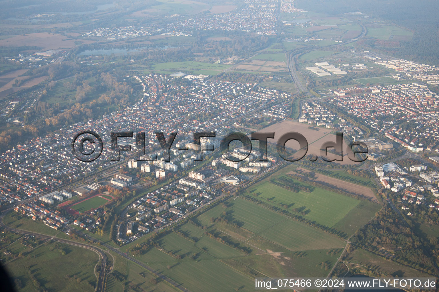 Oblique view of District Neureut in Karlsruhe in the state Baden-Wuerttemberg, Germany