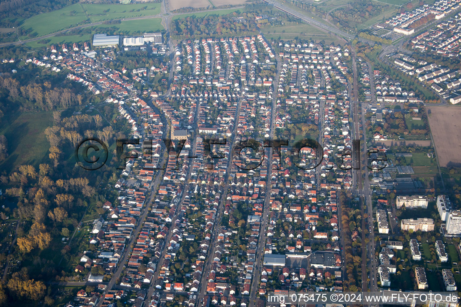 District Neureut in Karlsruhe in the state Baden-Wuerttemberg, Germany from the plane