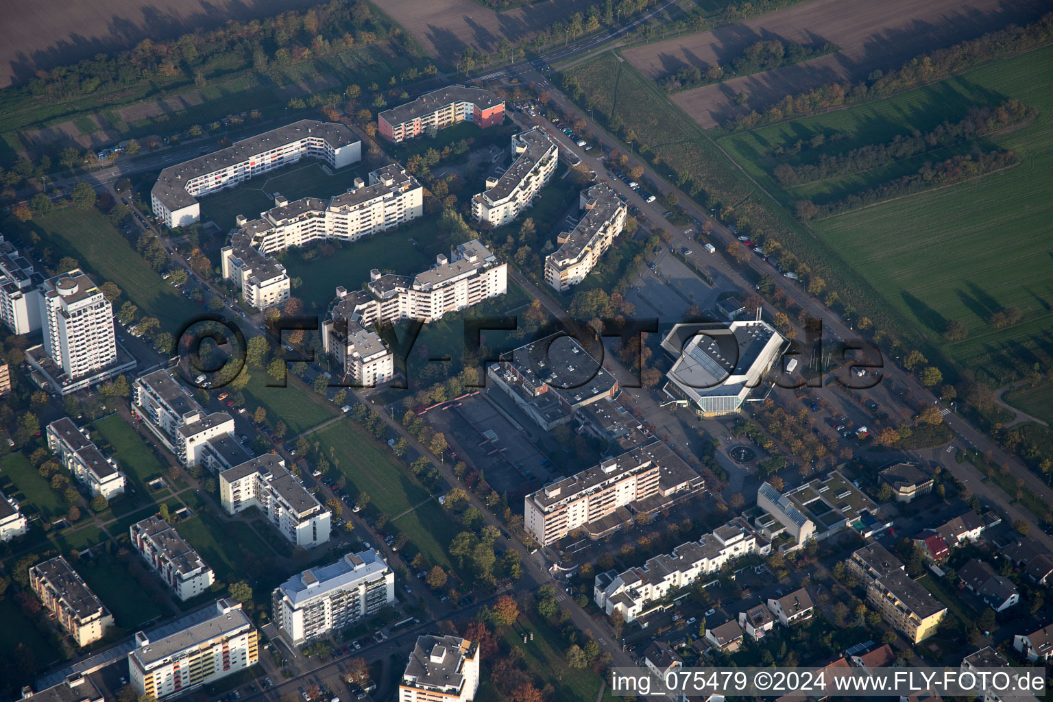 Drone recording of District Neureut in Karlsruhe in the state Baden-Wuerttemberg, Germany