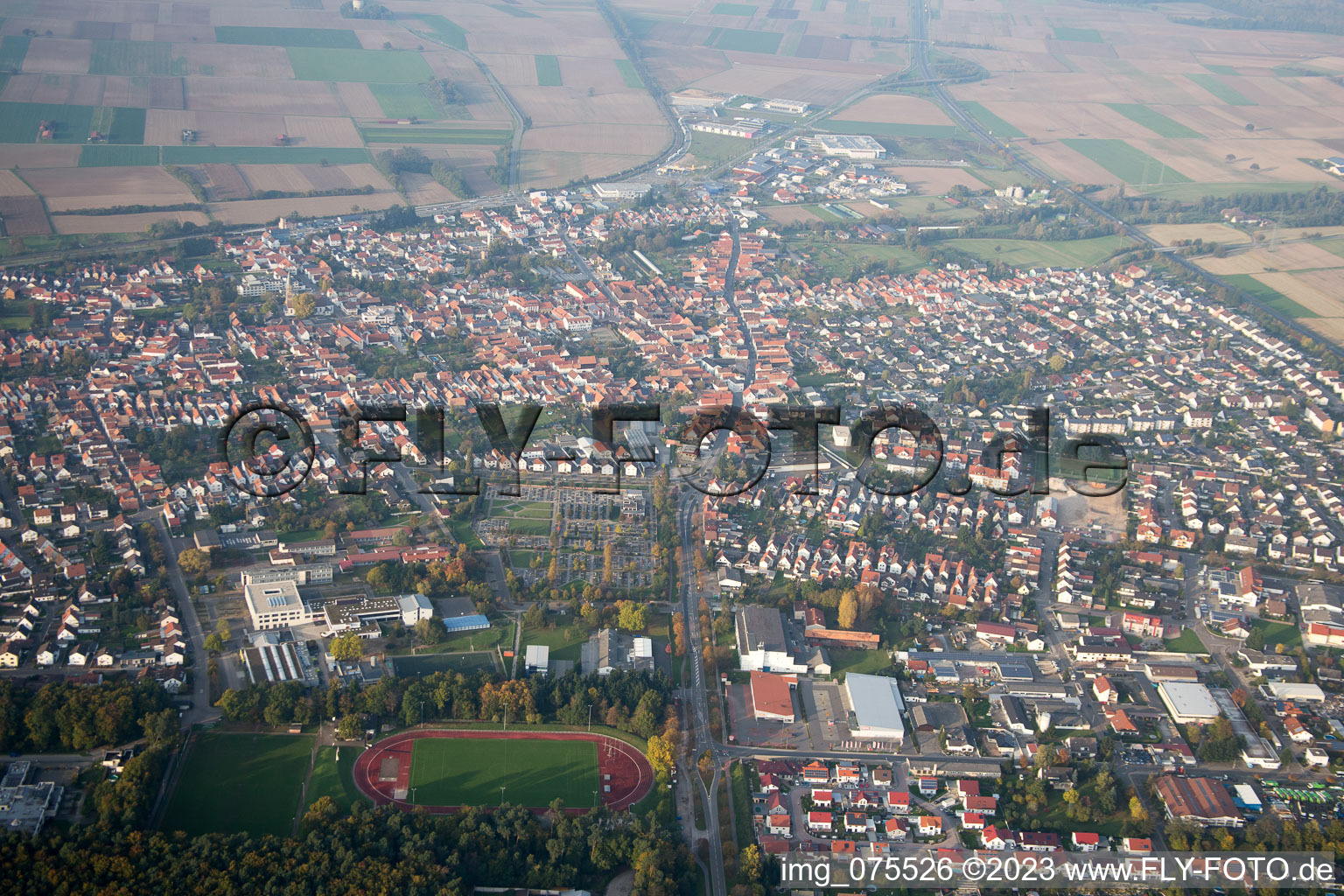 Bird's eye view of Rülzheim in the state Rhineland-Palatinate, Germany