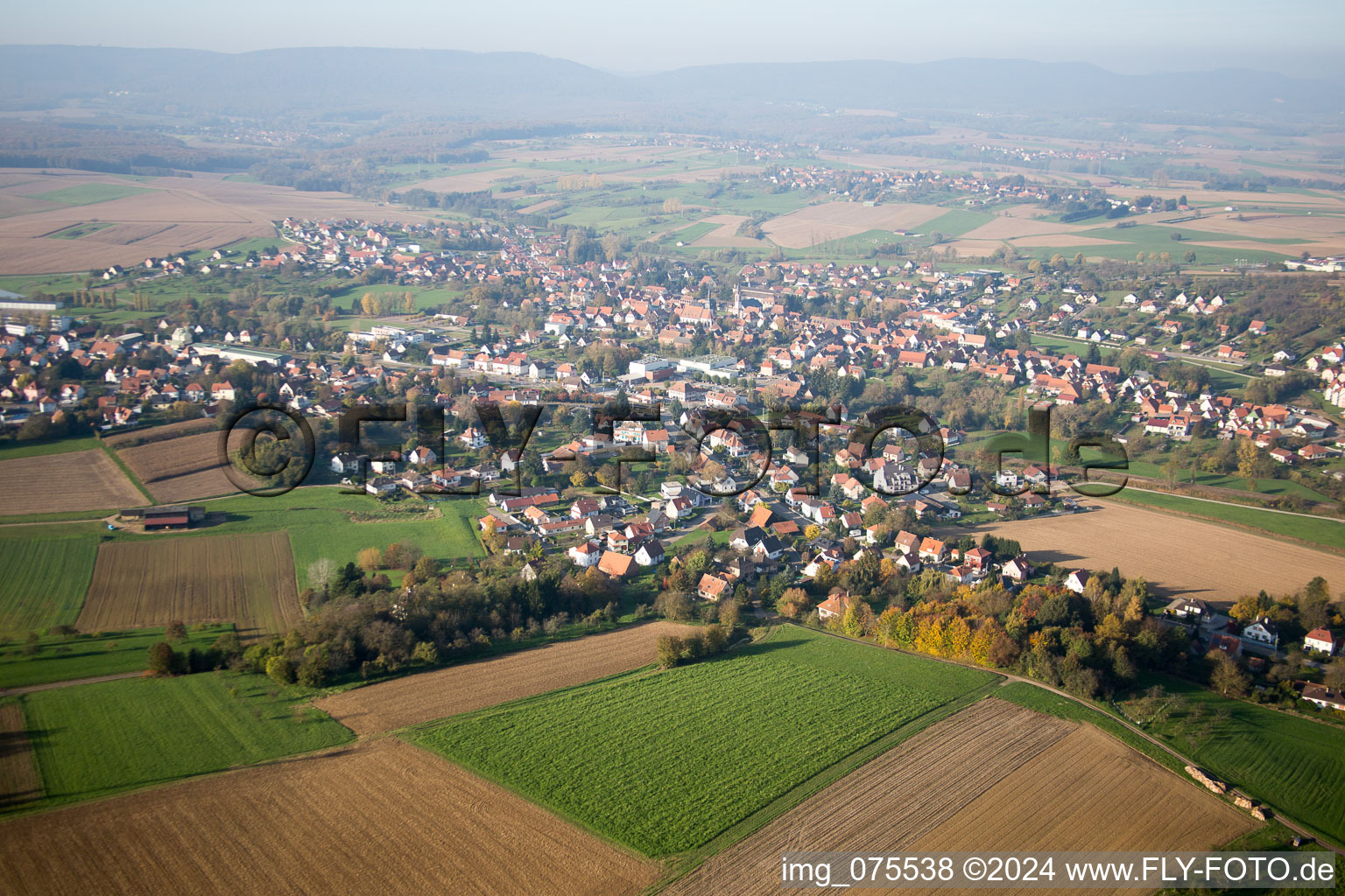 Aerial view of Soultz-sous-Forêts in the state Bas-Rhin, France