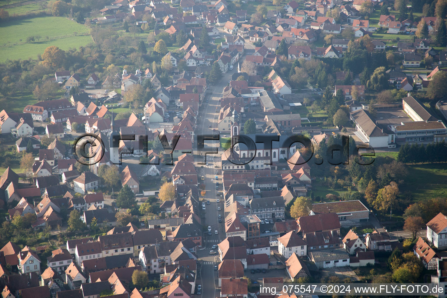 Bird's eye view of Soultz-sous-Forêts in the state Bas-Rhin, France