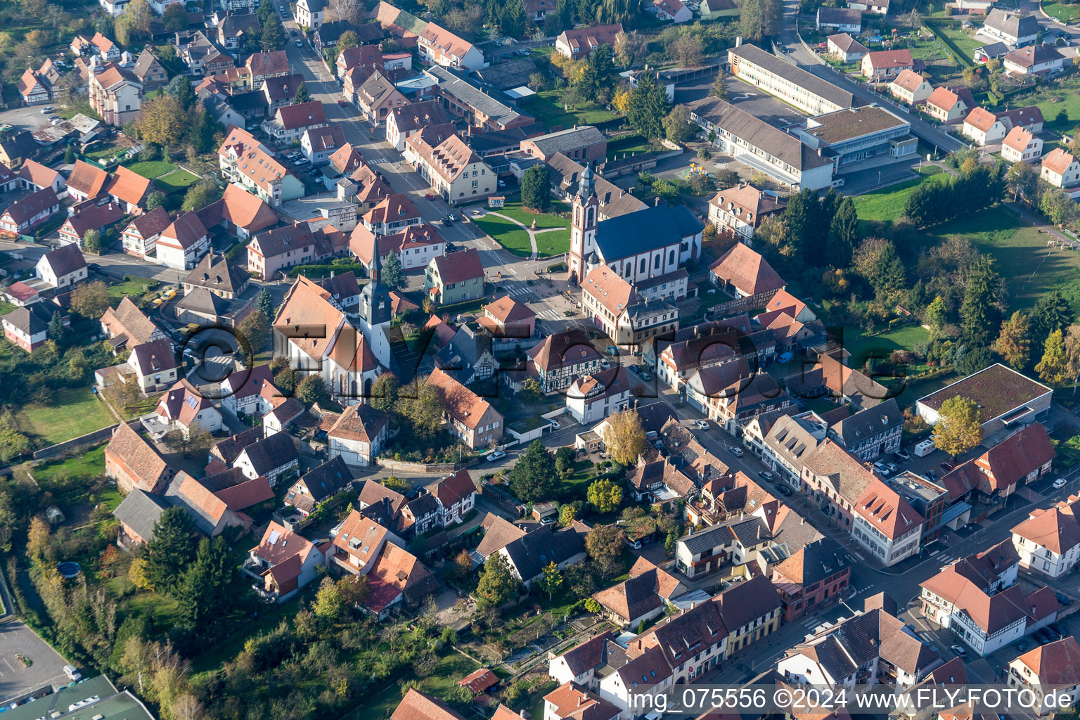 Aerial view of Town View of the streets and houses of the residential areas in Soultz-sous-Forets in Grand Est, France