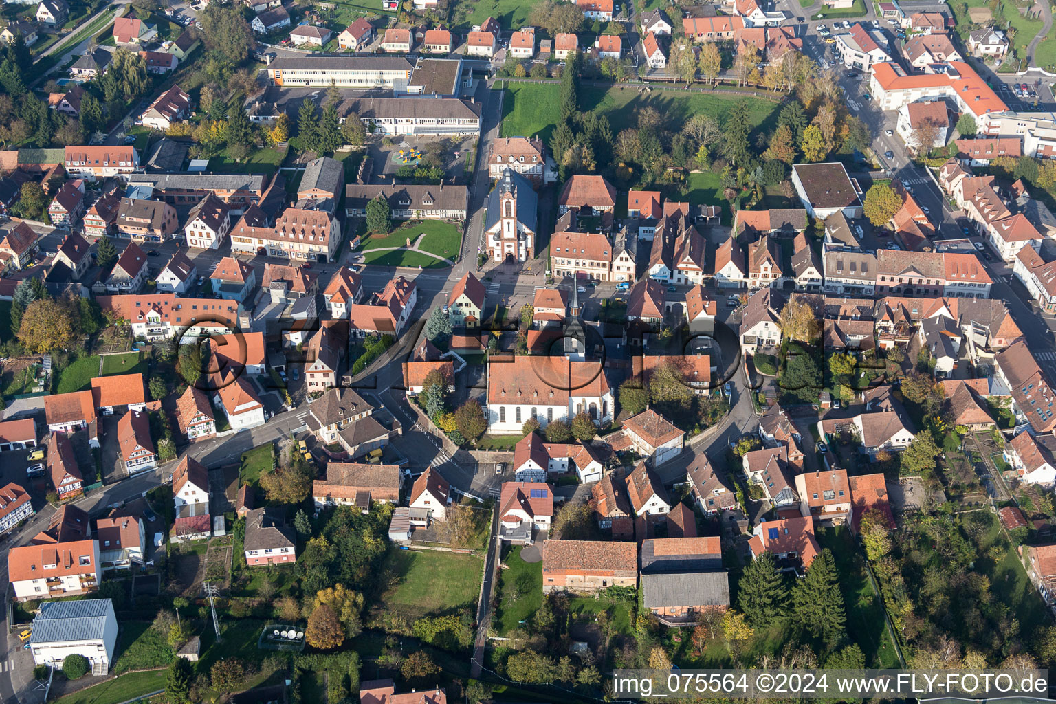 Aerial photograpy of Town View of the streets and houses of the residential areas in Soultz-sous-Forets in Grand Est, France