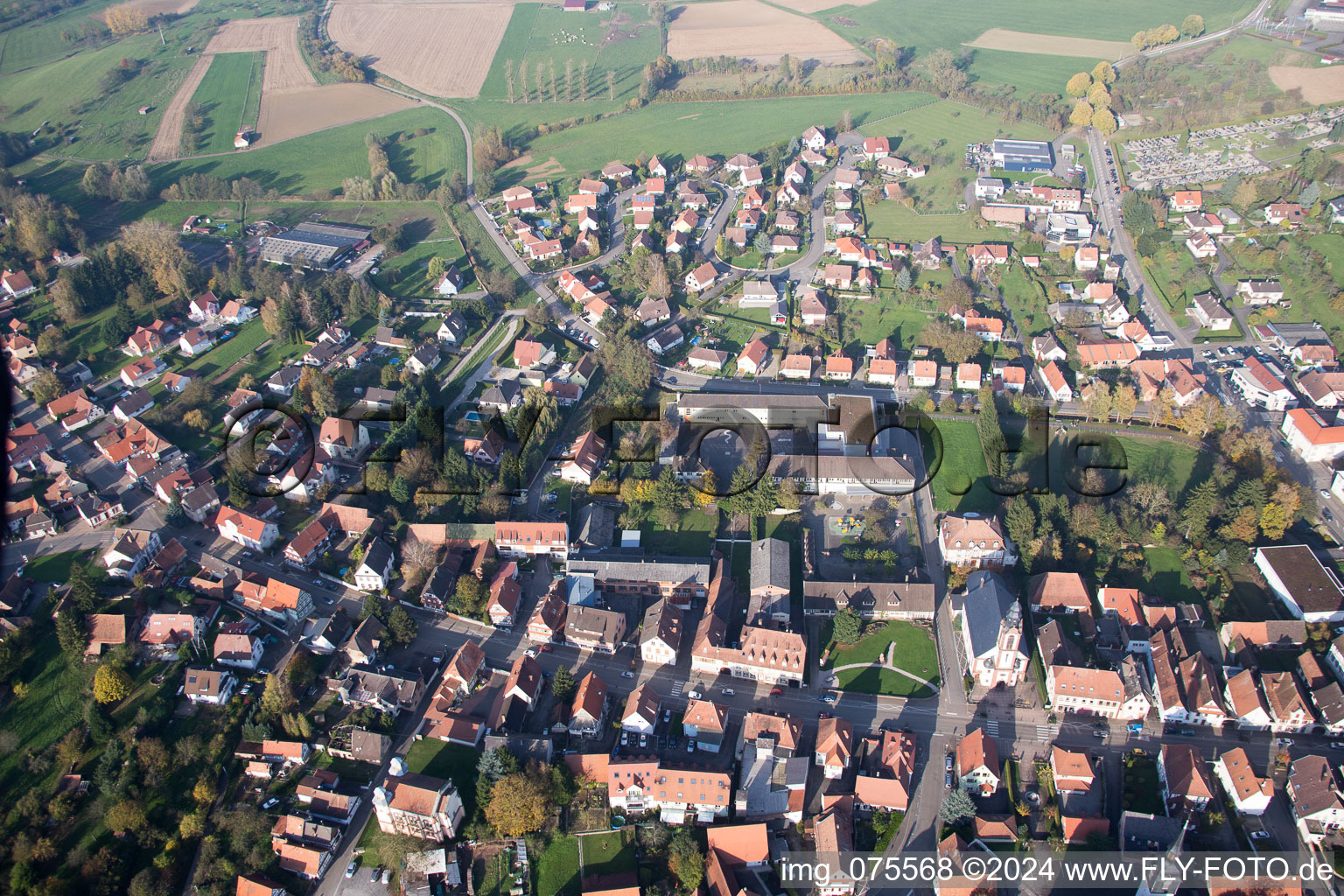 Bird's eye view of Soultz-sous-Forêts in the state Bas-Rhin, France