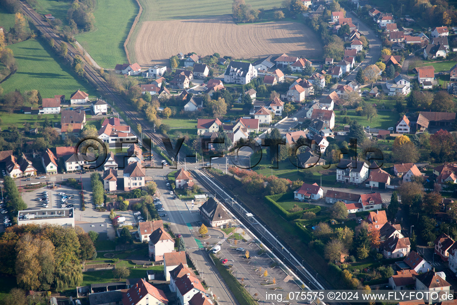 Soultz-sous-Forêts in the state Bas-Rhin, France seen from a drone