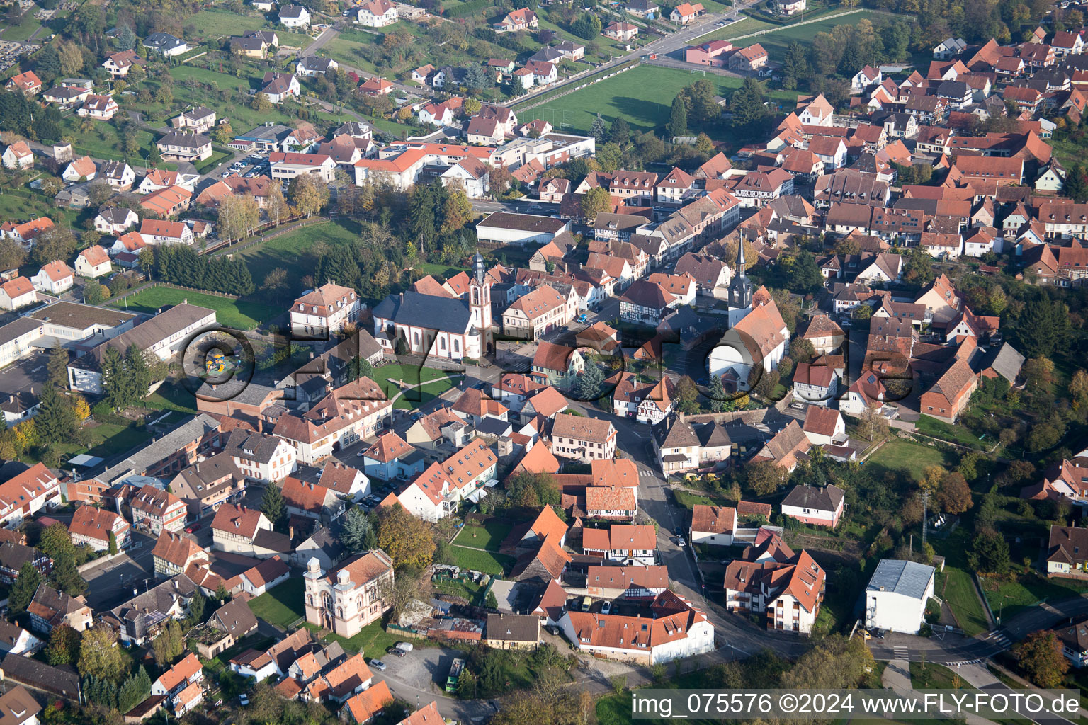 Aerial view of Soultz-sous-Forêts in the state Bas-Rhin, France