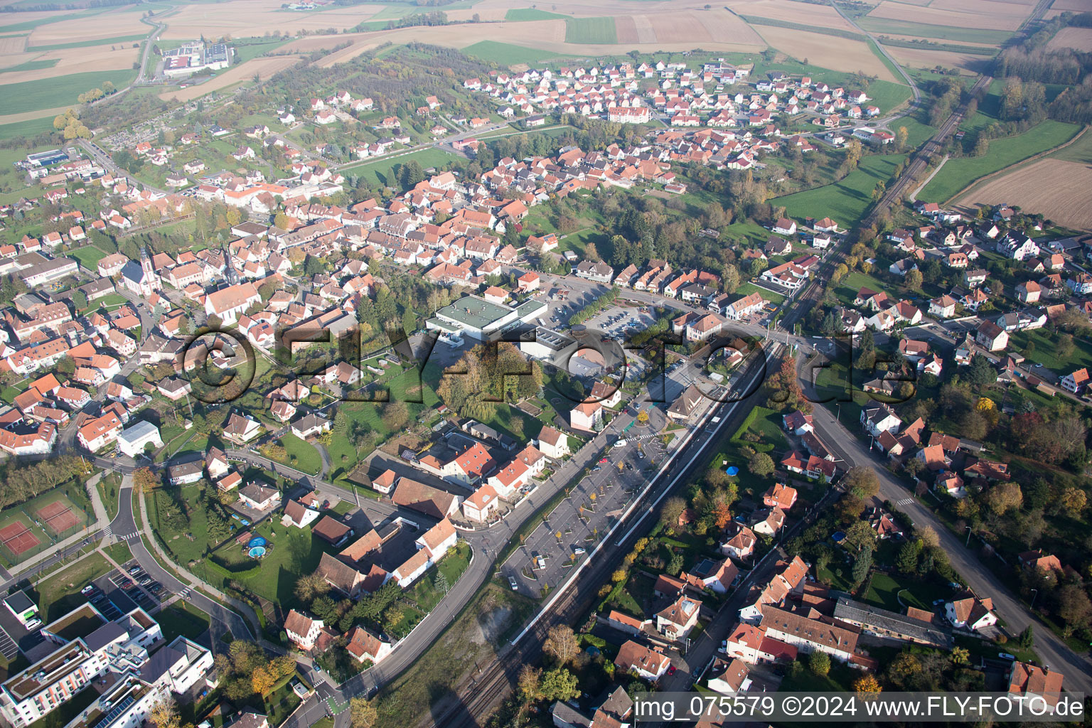 Oblique view of Soultz-sous-Forêts in the state Bas-Rhin, France