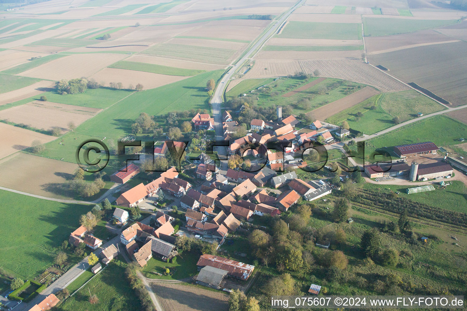 Aerial view of Kuhlendorf in the state Bas-Rhin, France