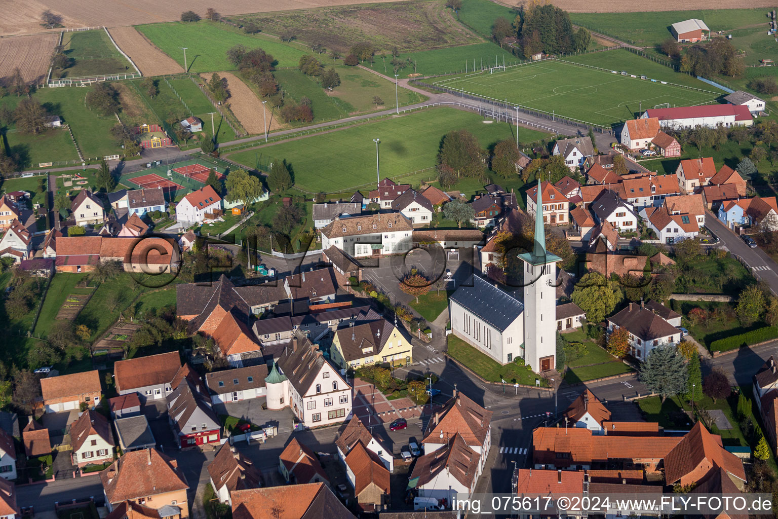 Aerial view of Church building Eglise protestante de Rittershoffen in Rittershoffen in Grand Est, France