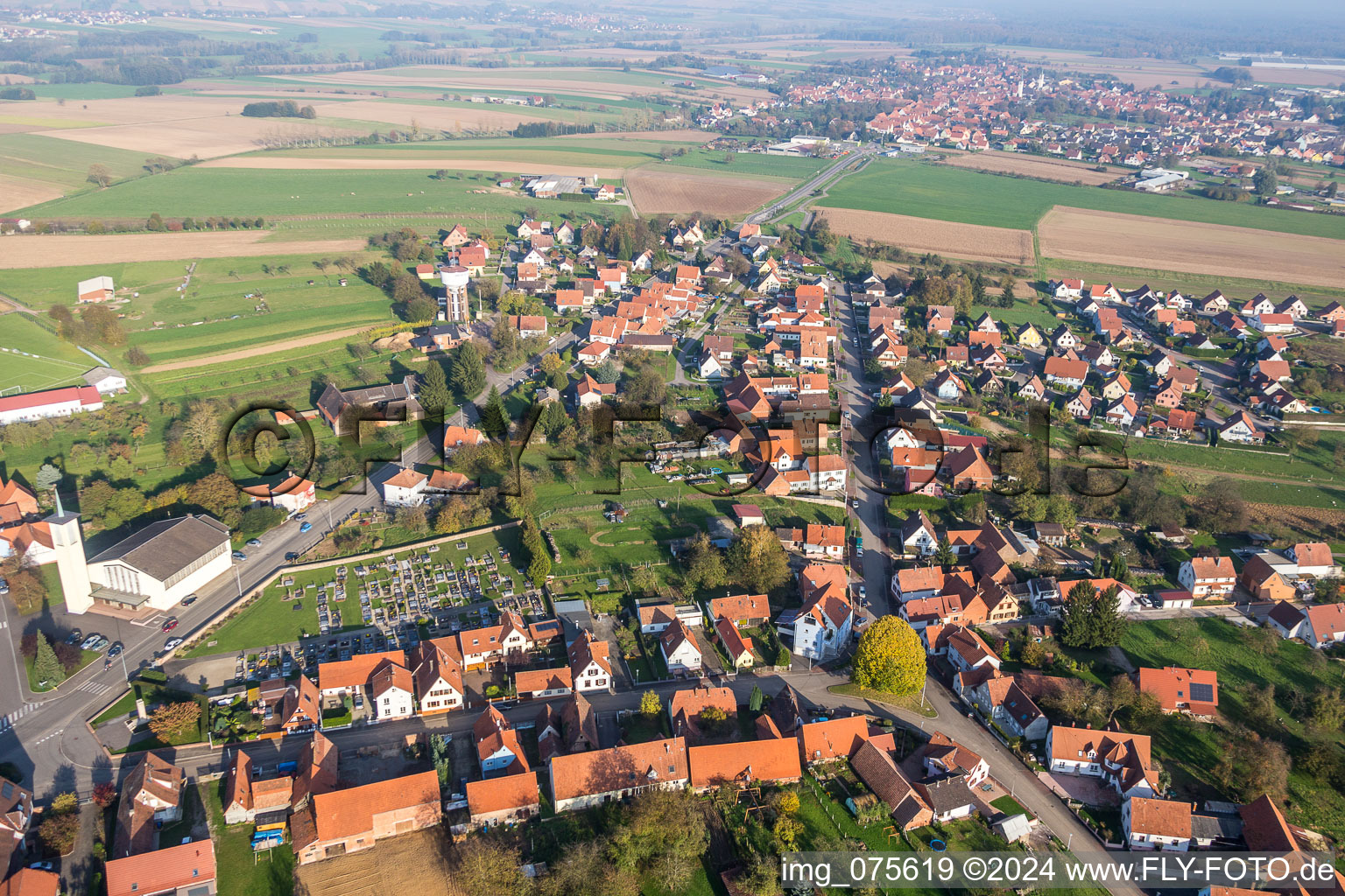 Aerial photograpy of Church building Eglise protestante de Rittershoffen in Rittershoffen in Grand Est, France