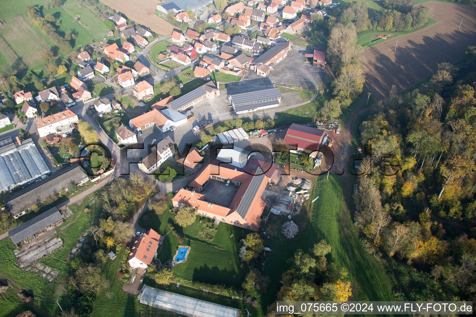 Bird's eye view of Niederrœdern in the state Bas-Rhin, France