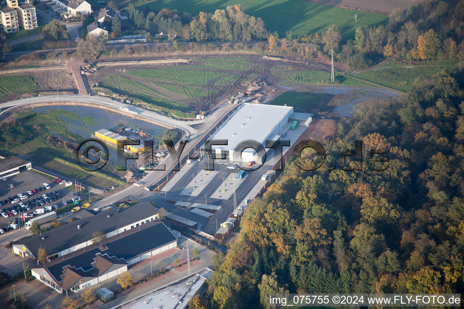 Oblique view of New EDEKA in Kandel in the state Rhineland-Palatinate, Germany