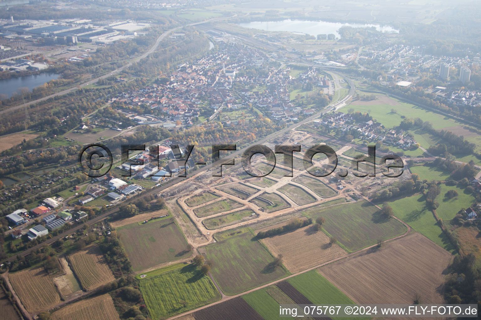 Aerial view of New development area Niederwiesen in Wörth am Rhein in the state Rhineland-Palatinate, Germany