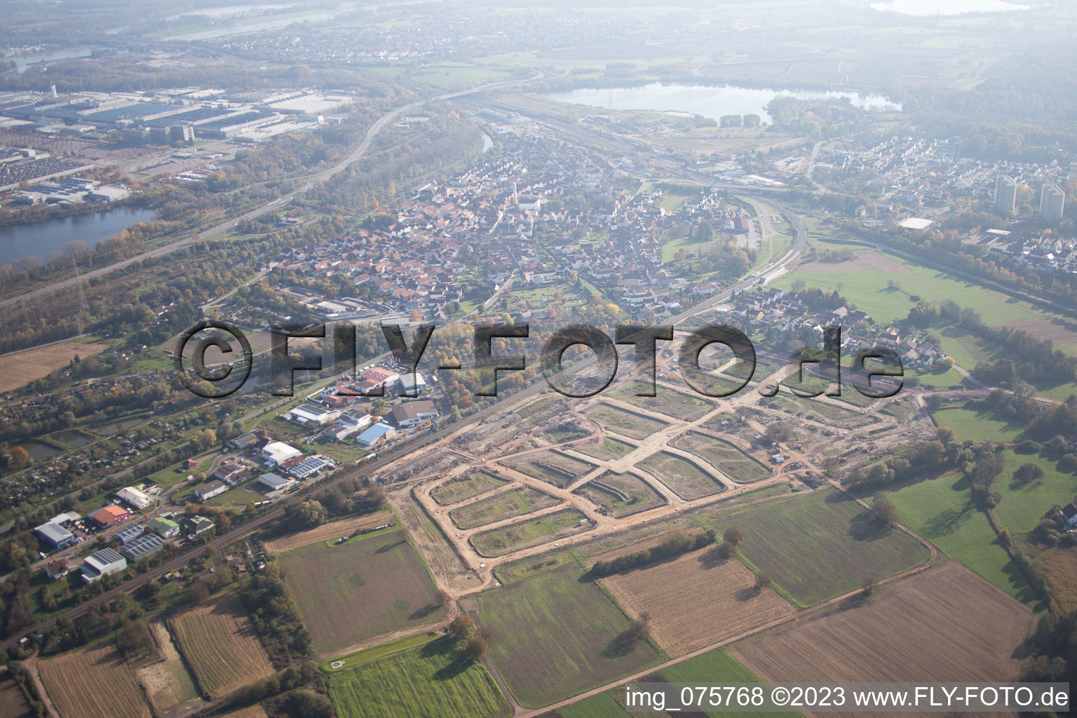 Aerial photograpy of Niederwiesen new development area in Wörth am Rhein in the state Rhineland-Palatinate, Germany