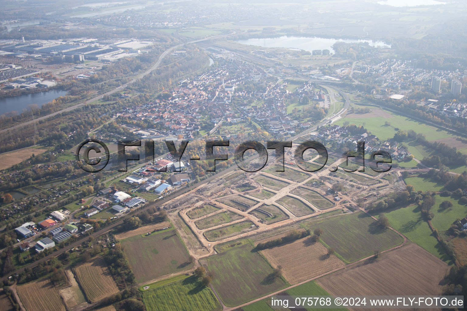 Aerial photograpy of New development area Niederwiesen in Wörth am Rhein in the state Rhineland-Palatinate, Germany