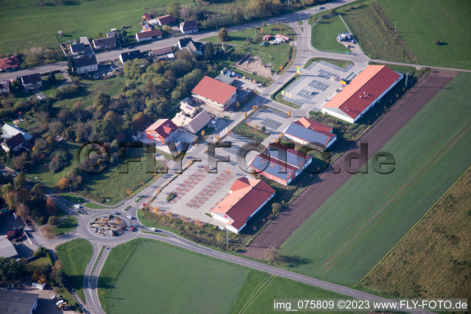 Aerial view of Shopping mall in Neulauterburg in the state Rhineland-Palatinate, Germany