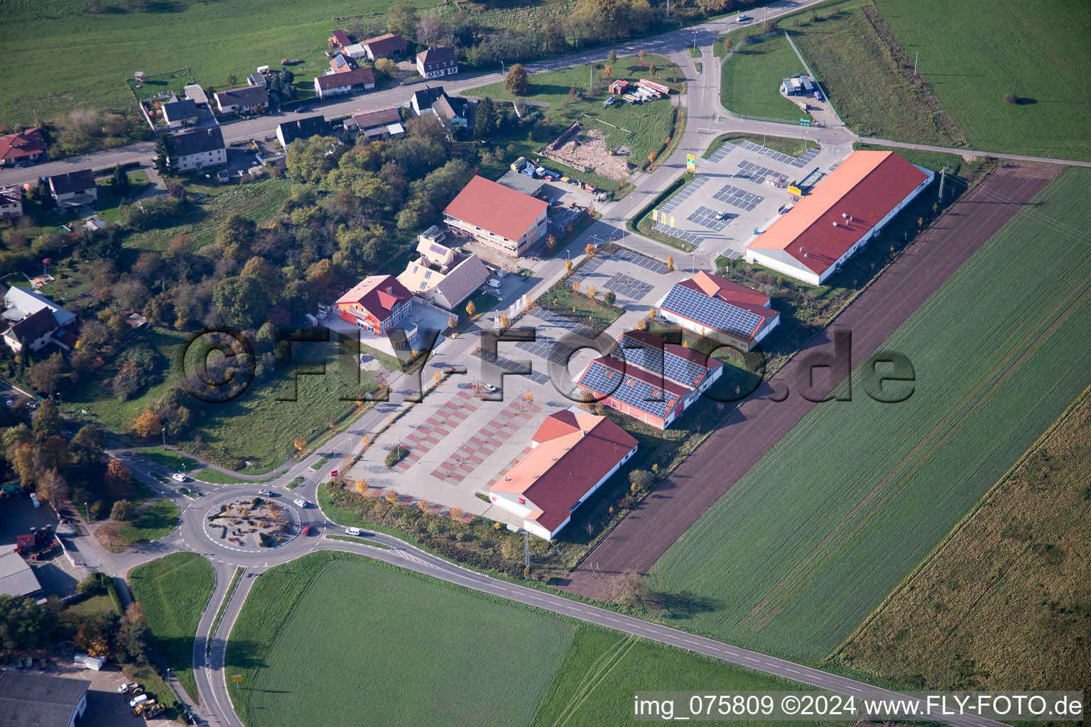 Aerial view of Shopping center in the district Neulauterburg in Berg in the state Rhineland-Palatinate, Germany