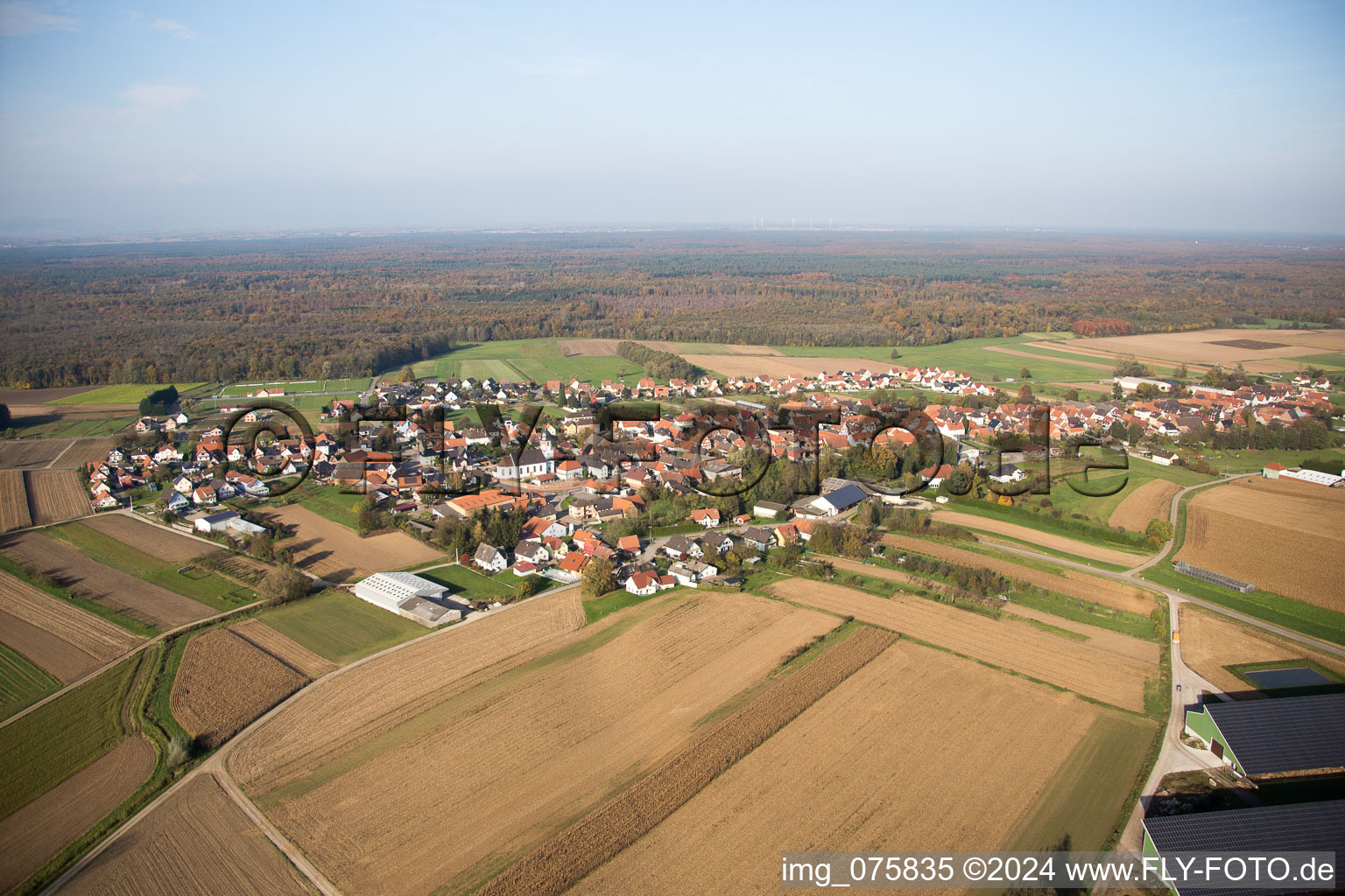 Aerial view of Niederlauterbach in the state Bas-Rhin, France