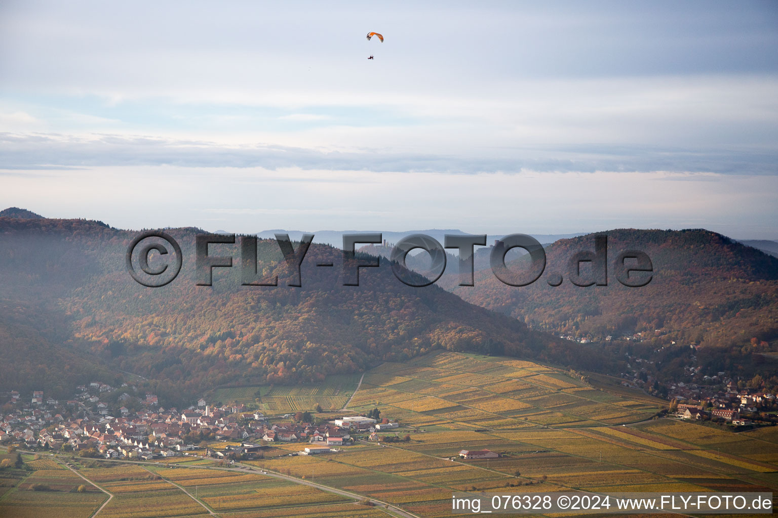 Forest and mountain scenery in indian summer of Haardtrand of Pfaelzerwalds in Leinsweiler in the state Rhineland-Palatinate, Germany