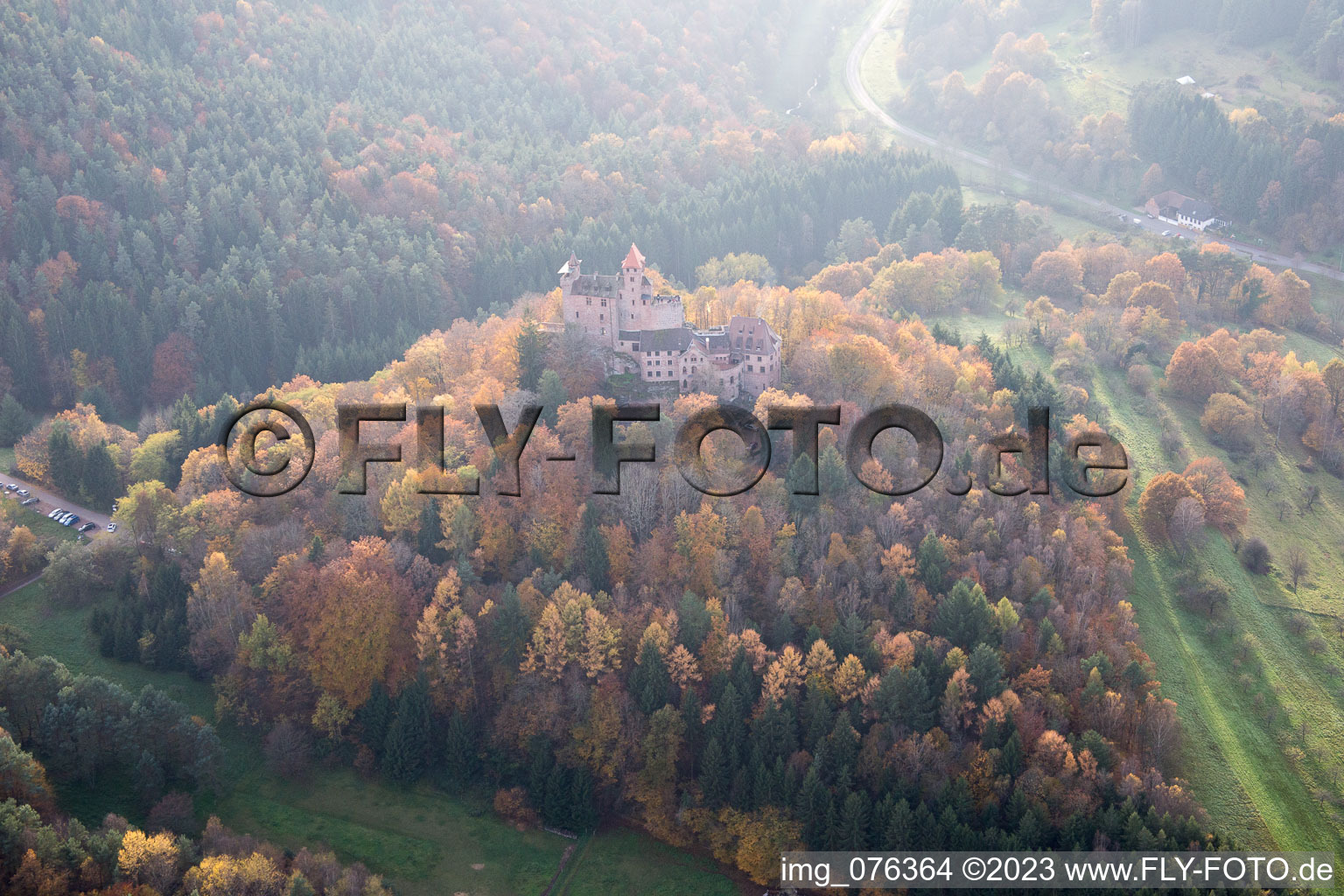 Aerial photograpy of Erlenbach, Berwartstein Castle in Erlenbach bei Dahn in the state Rhineland-Palatinate, Germany