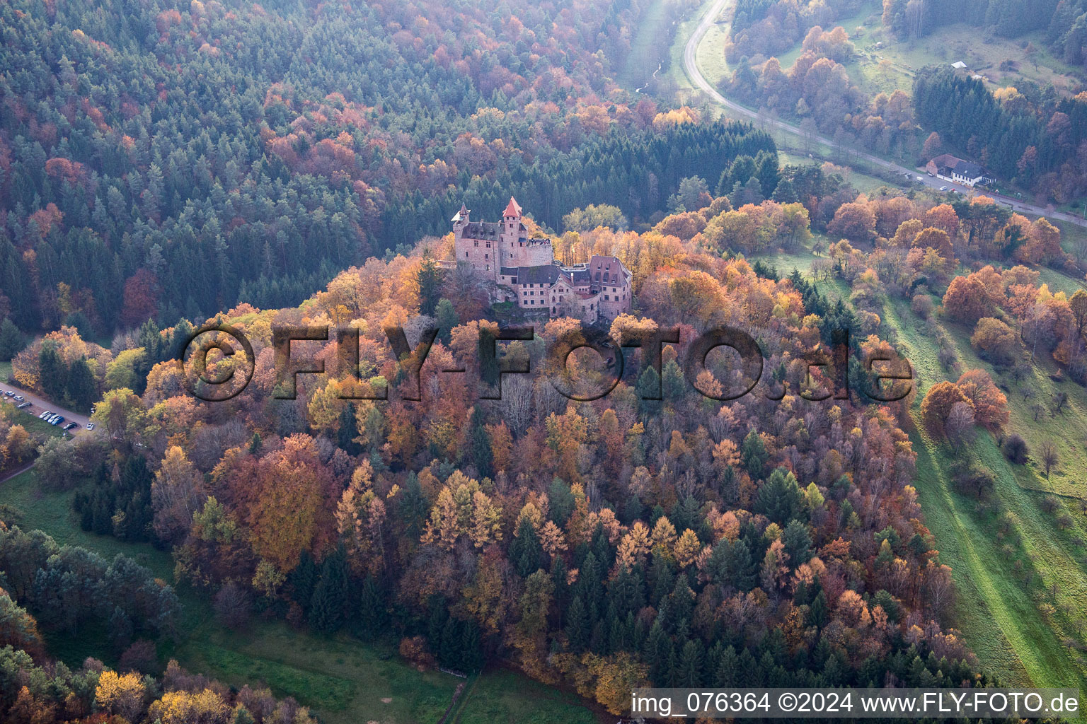 Aerial photograpy of Erlenbach, Berwartstein Castle in Erlenbach bei Dahn in the state Rhineland-Palatinate, Germany