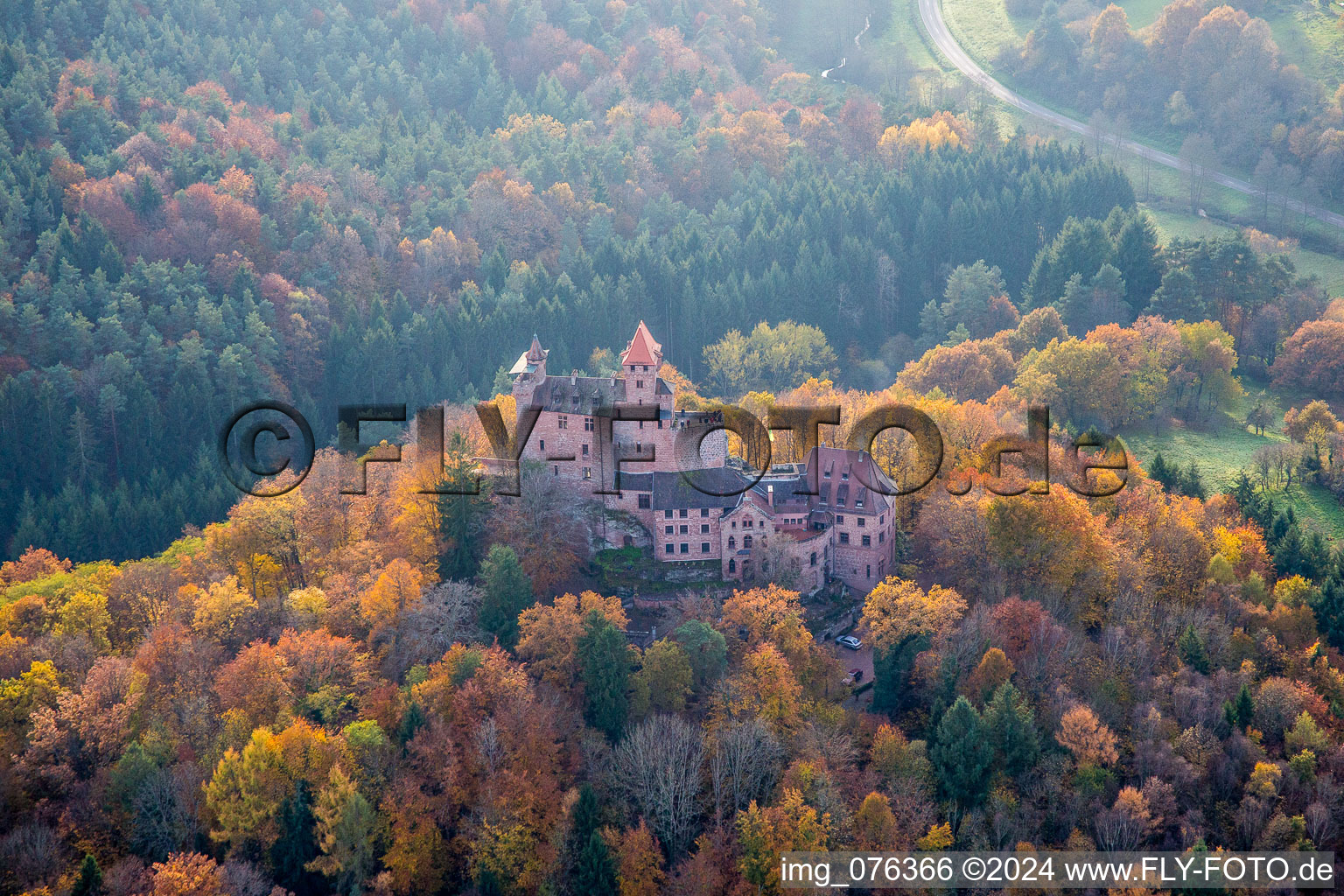 Erlenbach, Berwartstein Castle in Erlenbach bei Dahn in the state Rhineland-Palatinate, Germany from above