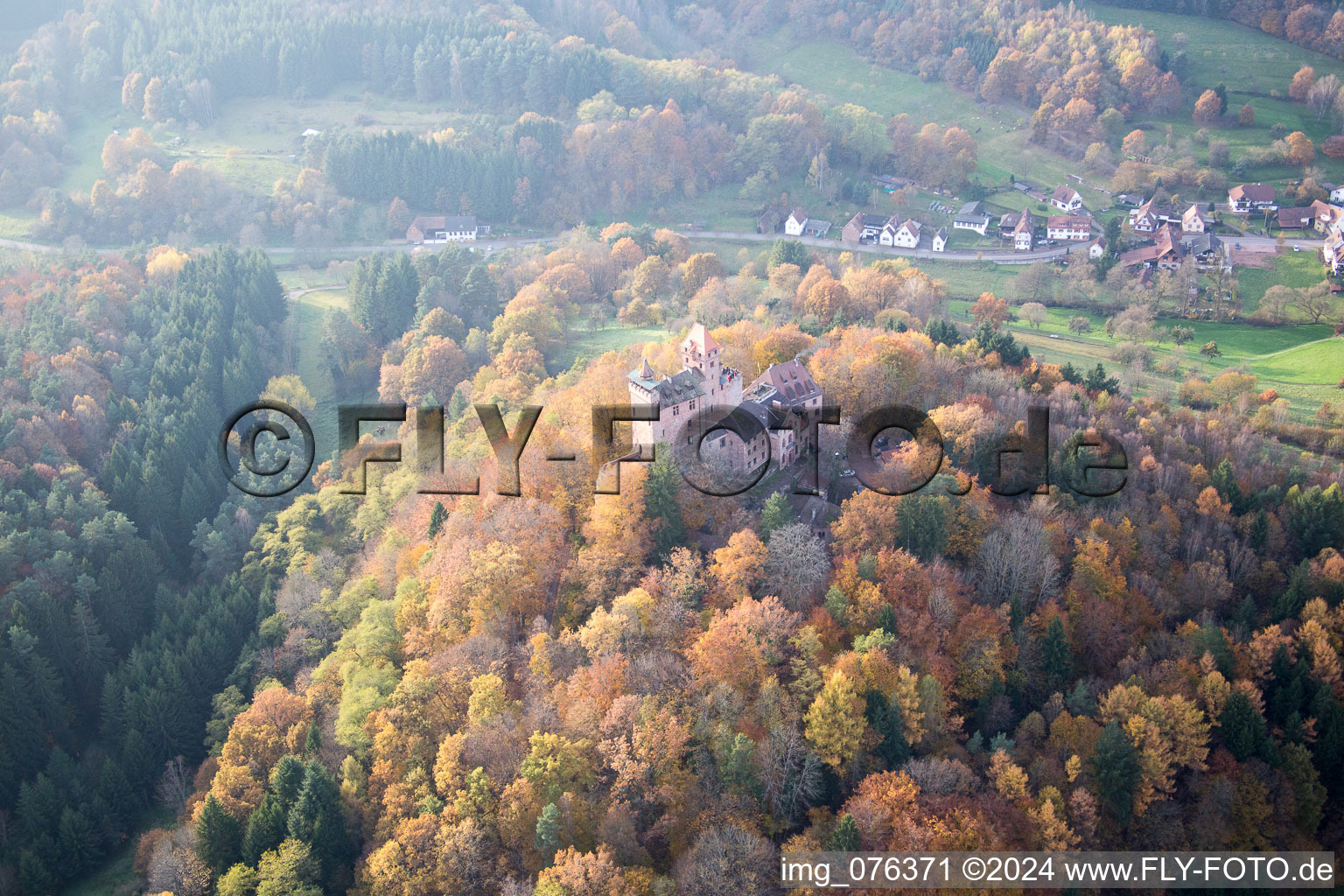 Erlenbach, Berwartstein Castle in Erlenbach bei Dahn in the state Rhineland-Palatinate, Germany out of the air